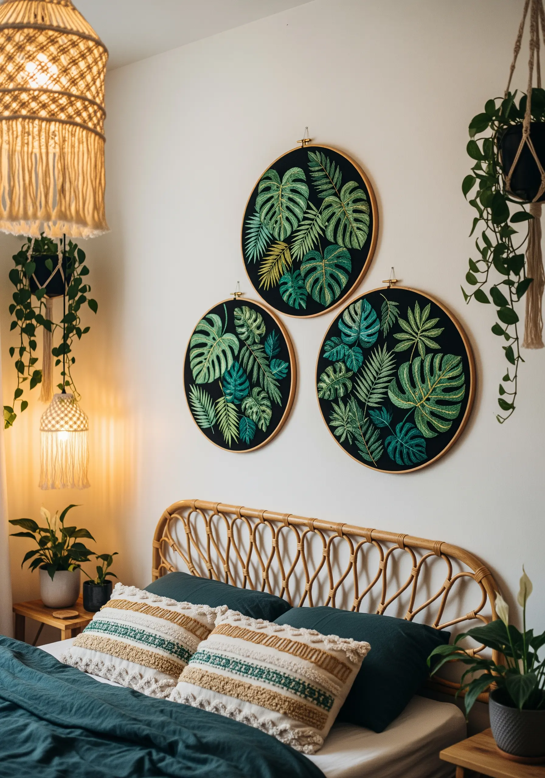 A triptych of three embroidery hoops with detailed monstera leaves on a black background.