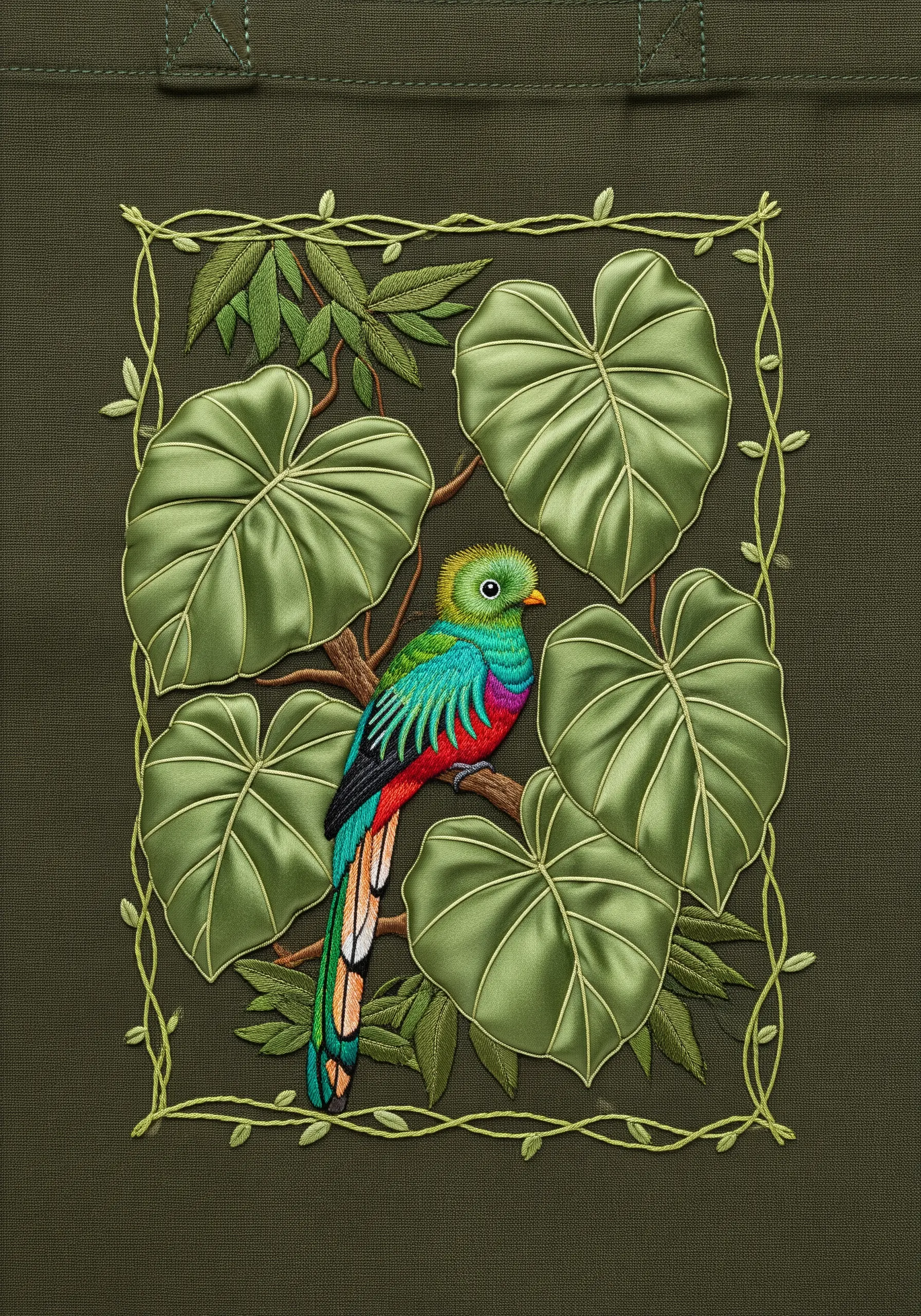 An embroidered quetzal surrounded by large, dimensional padded satin stitch leaves.