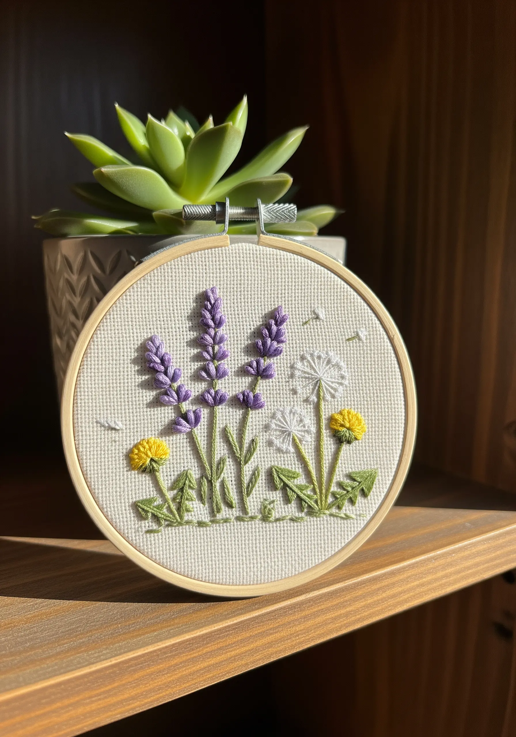 Embroidery hoop art of lavender and dandelions on a wooden shelf next to a succulent.