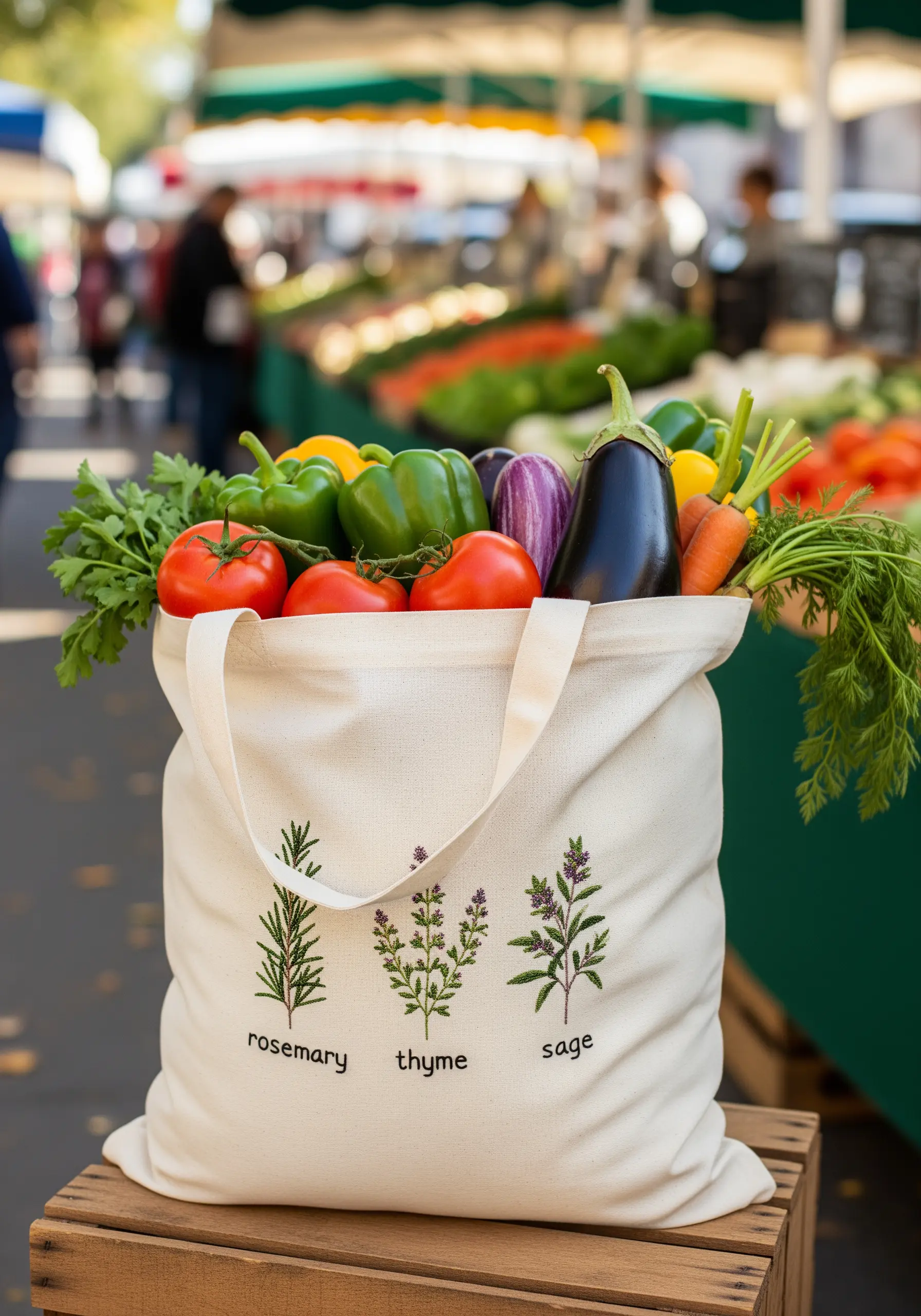 Embroidered rosemary, thyme, and sage with text labels on a market tote bag