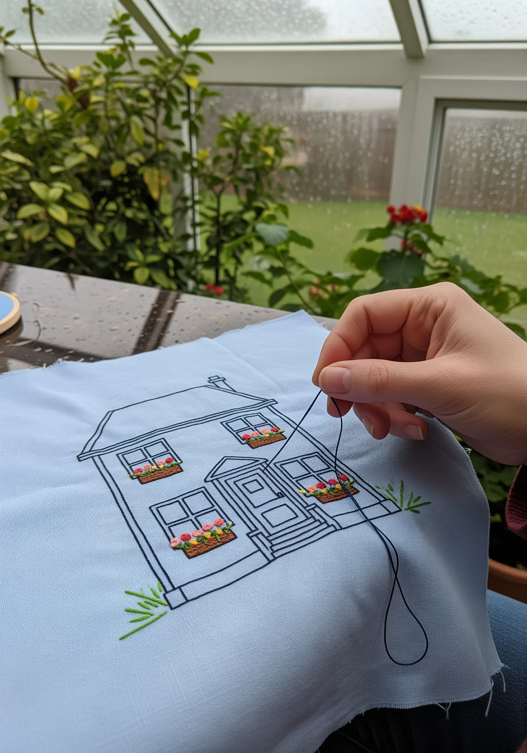 Embroidering a line-art style house portrait, adding colorful flowers to the window boxes.