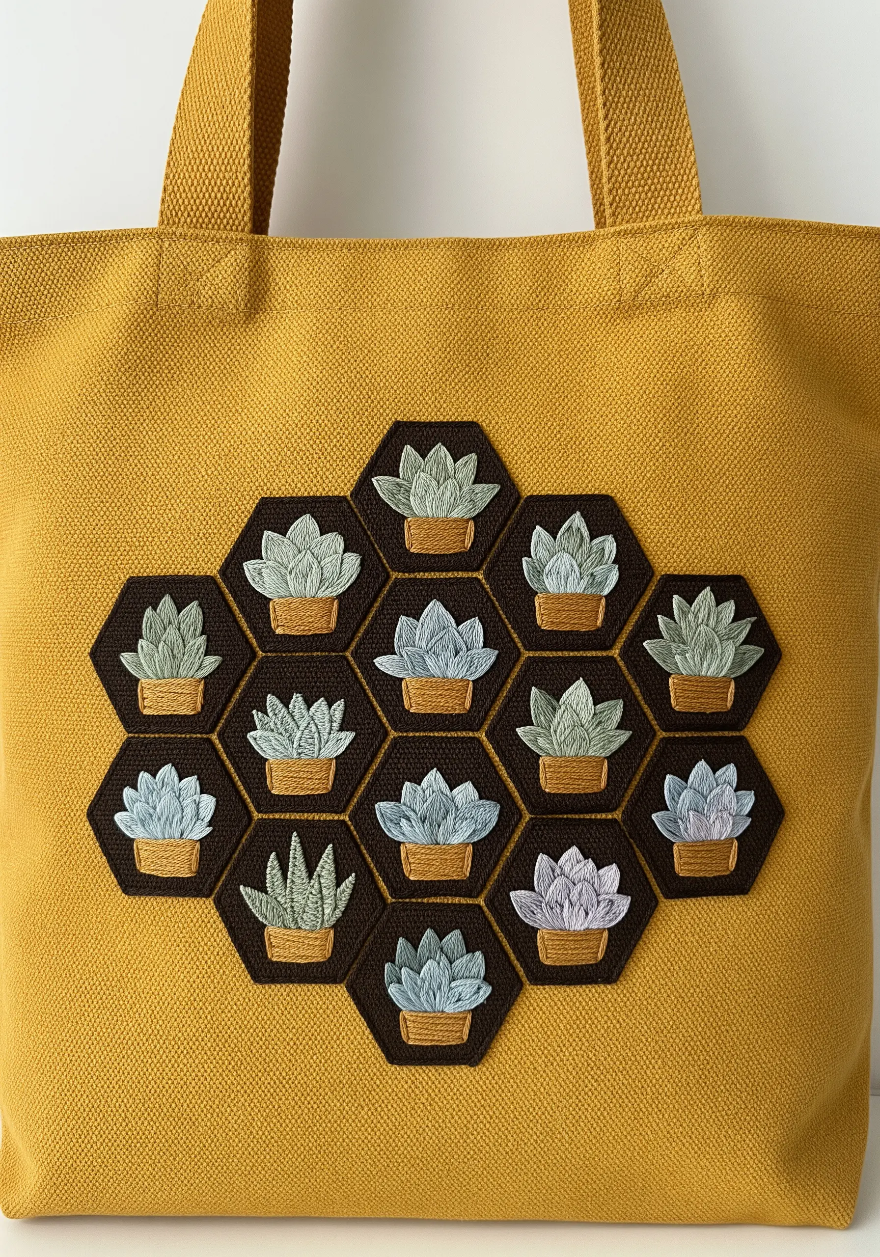 A honeycomb arrangement of hexagonal patches, each with an embroidered succulent