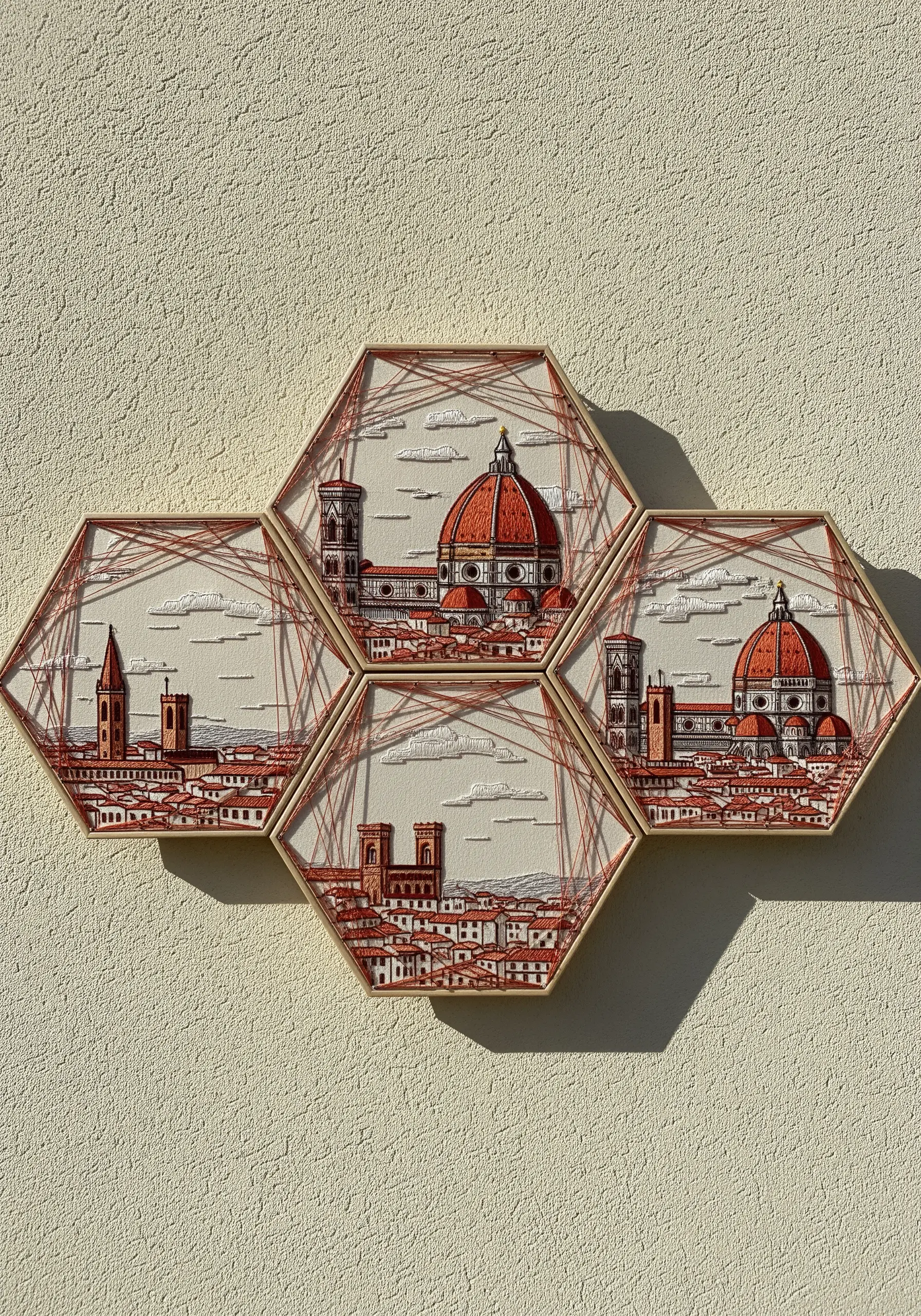 A modular wall display of the Florence skyline embroidered across four interconnected hexagonal frames.
