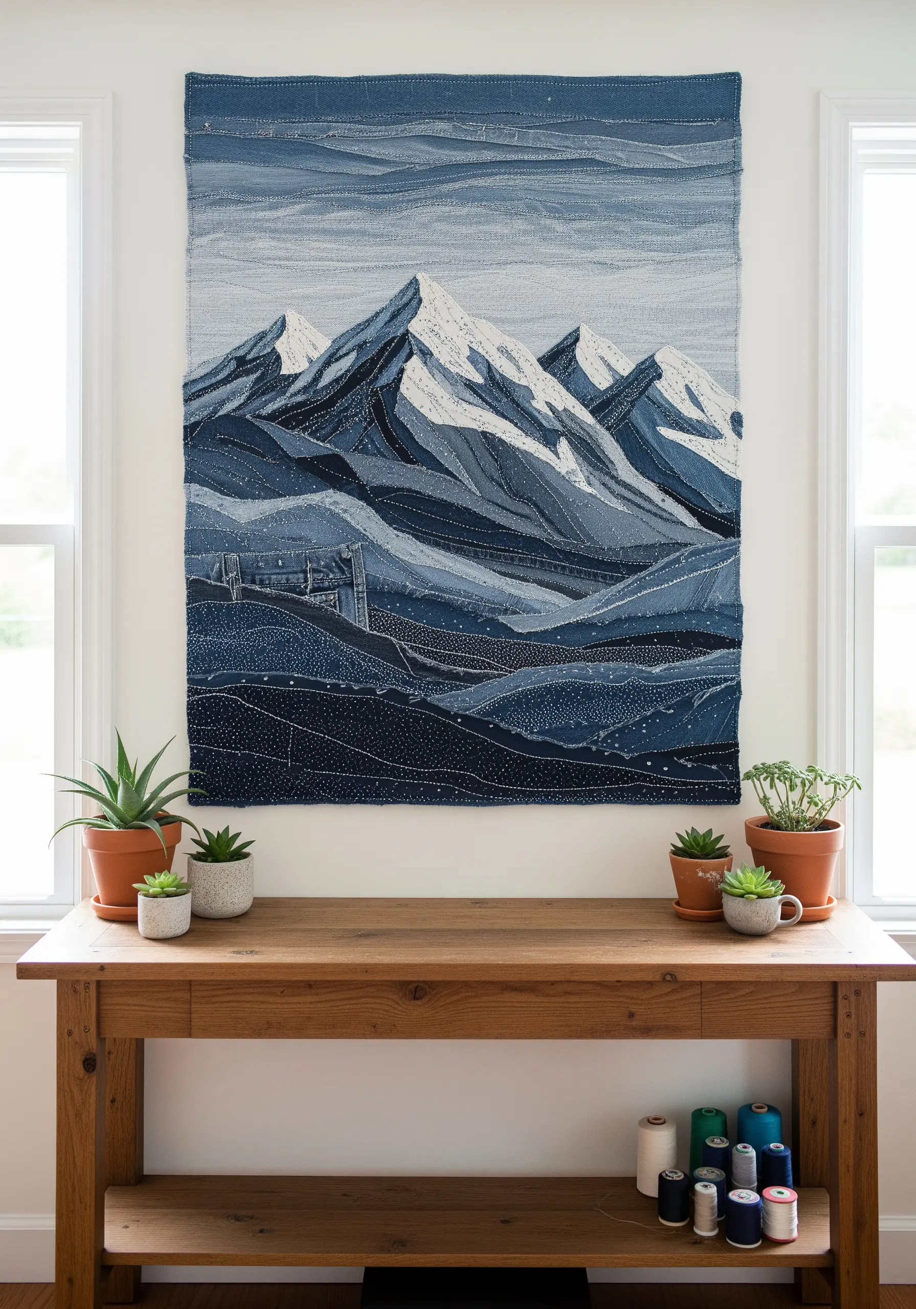 Denim fabric collage of mountains with white running stitches for snow and texture.