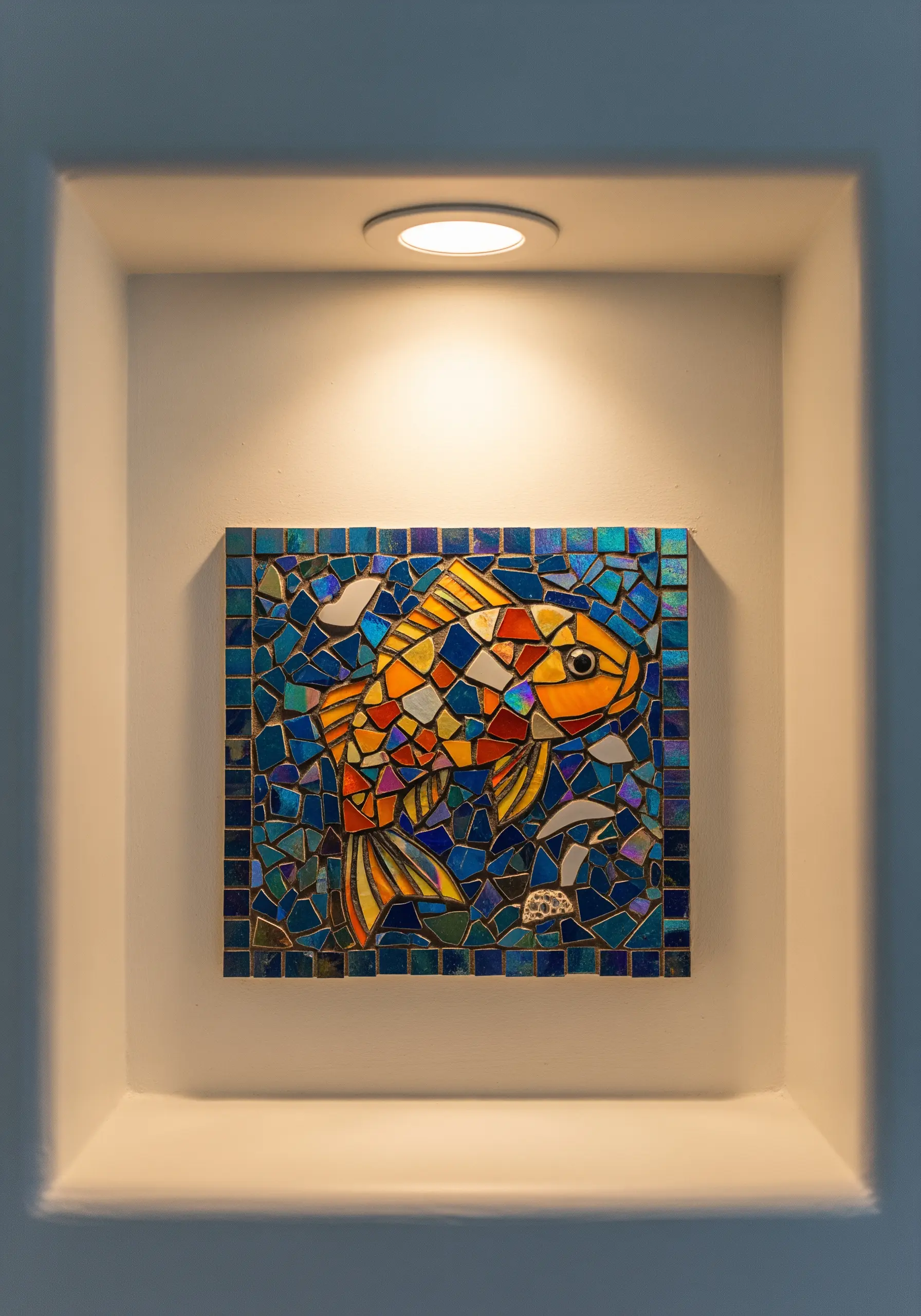 A mosaic artwork of a goldfish made from small, colorful tiles set into a wall niche.