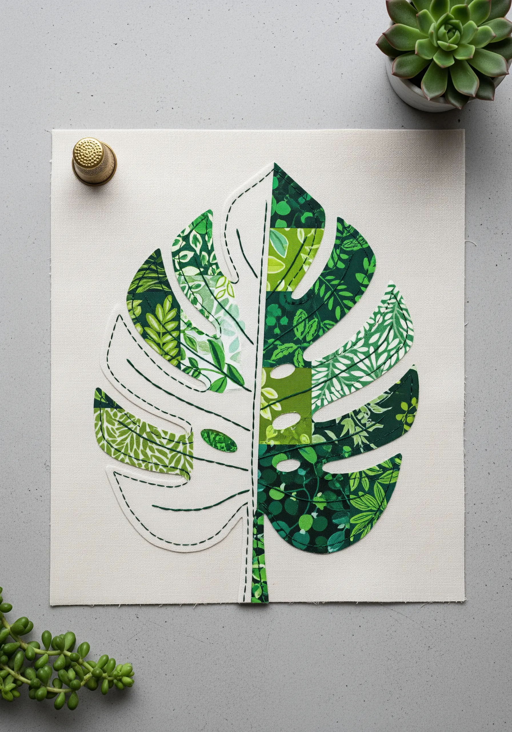 Monstera leaf made from a collage of green patterned fabrics with white stitched outlines.