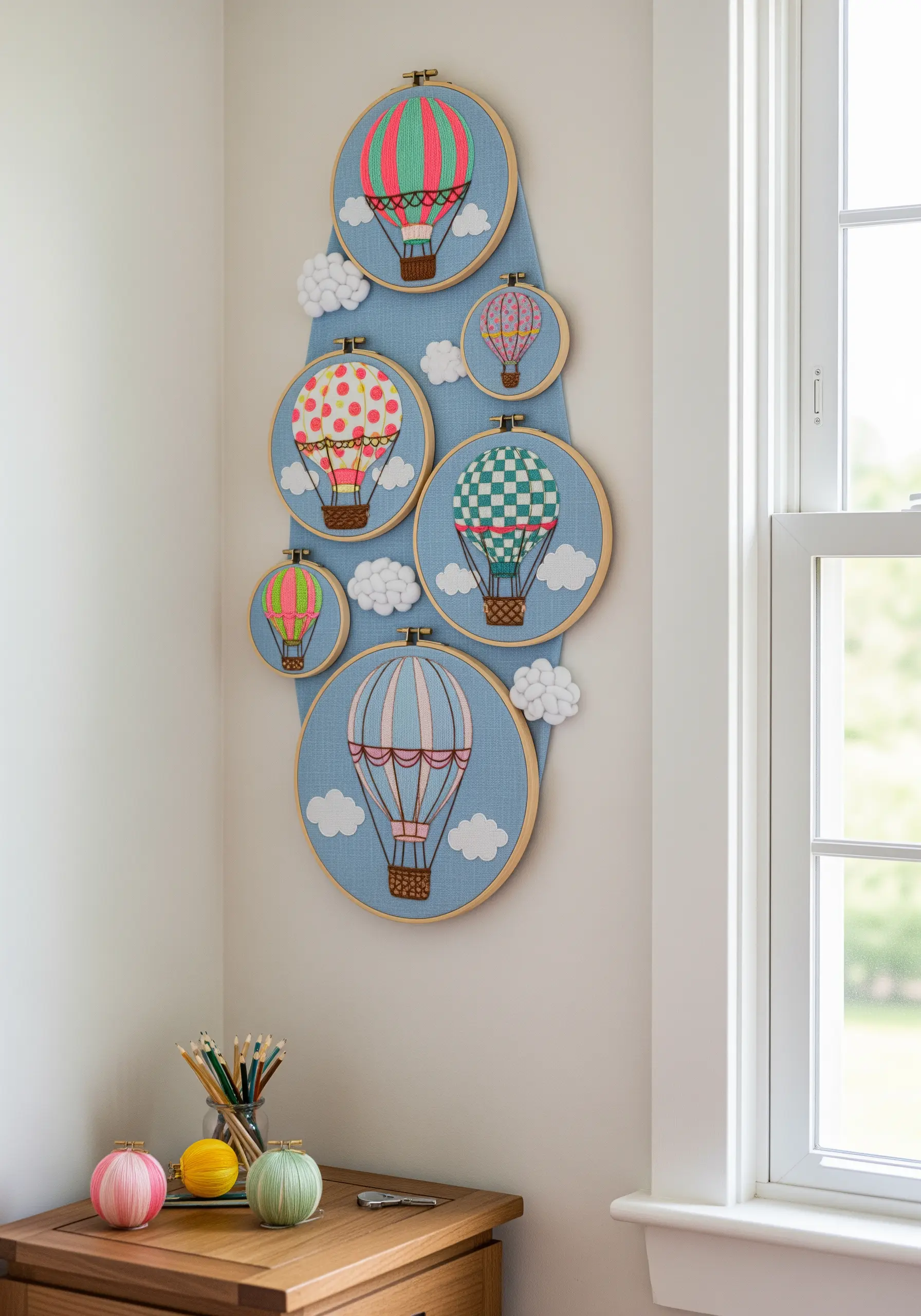 A multi-hoop installation of colorful hot air balloons mounted on a blue fabric panel.