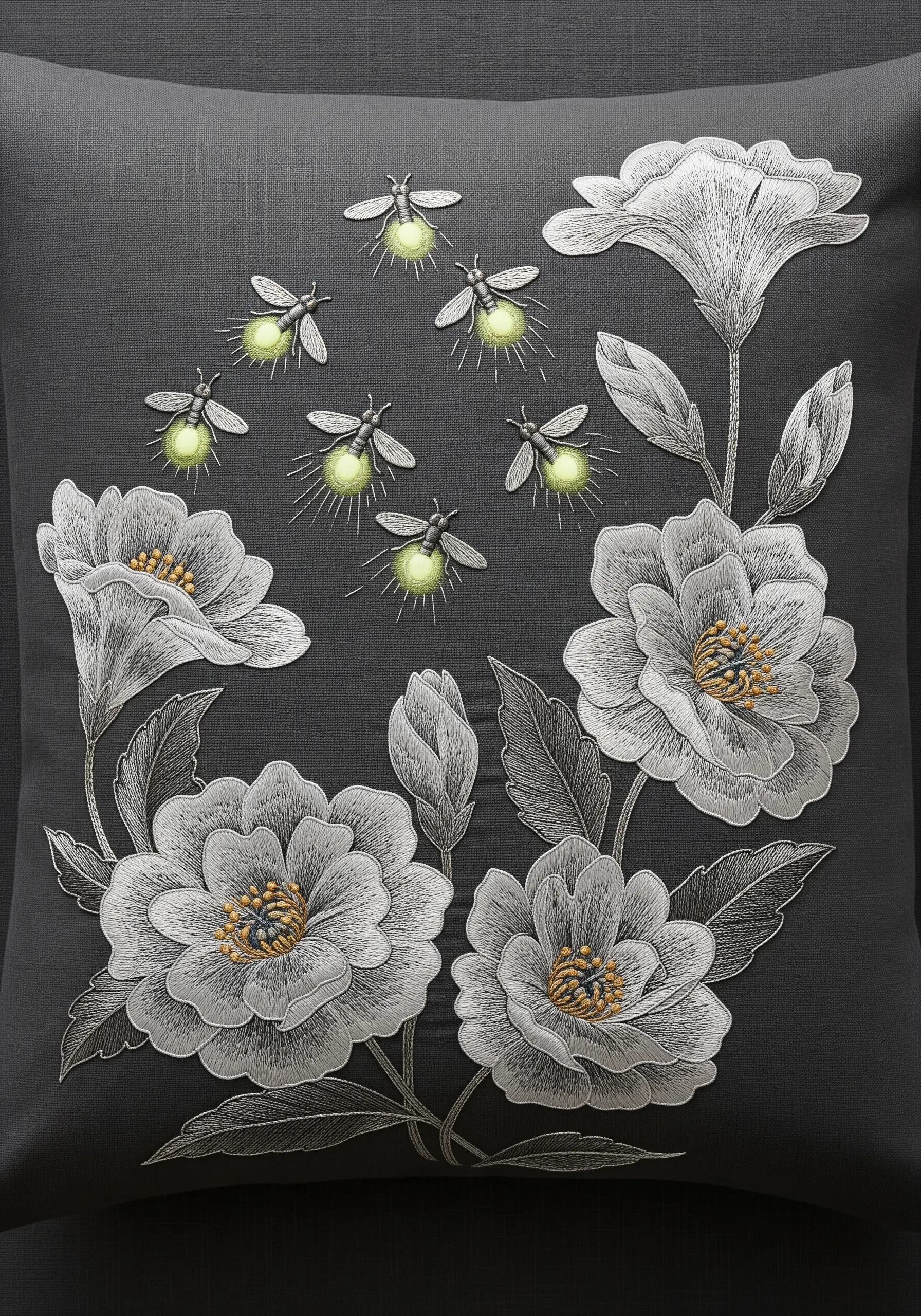 Monochrome embroidered flowers on a dark pillow with glowing fireflies.