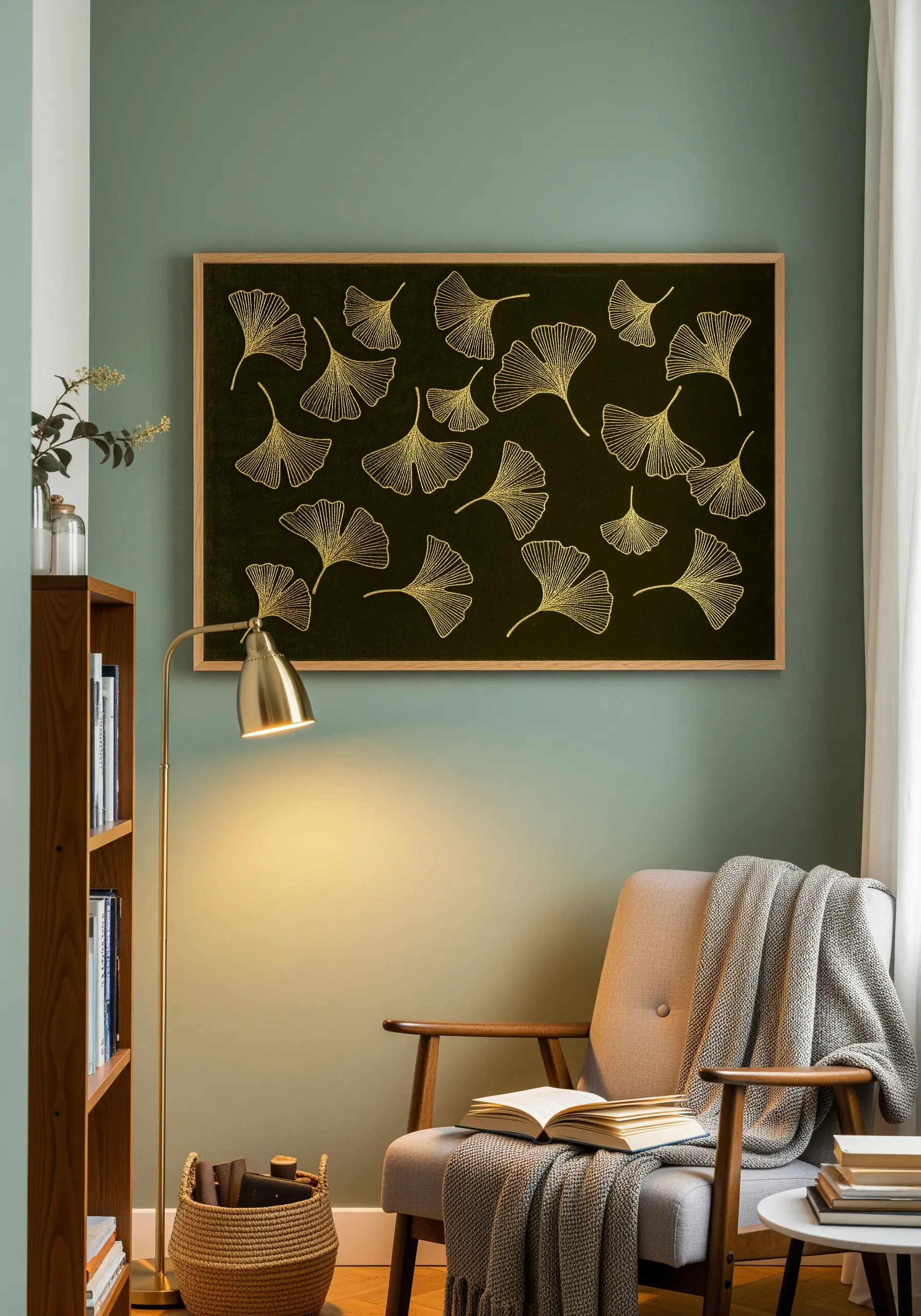 A pattern of delicate ginkgo leaves embroidered in gold thread on a dark green background.