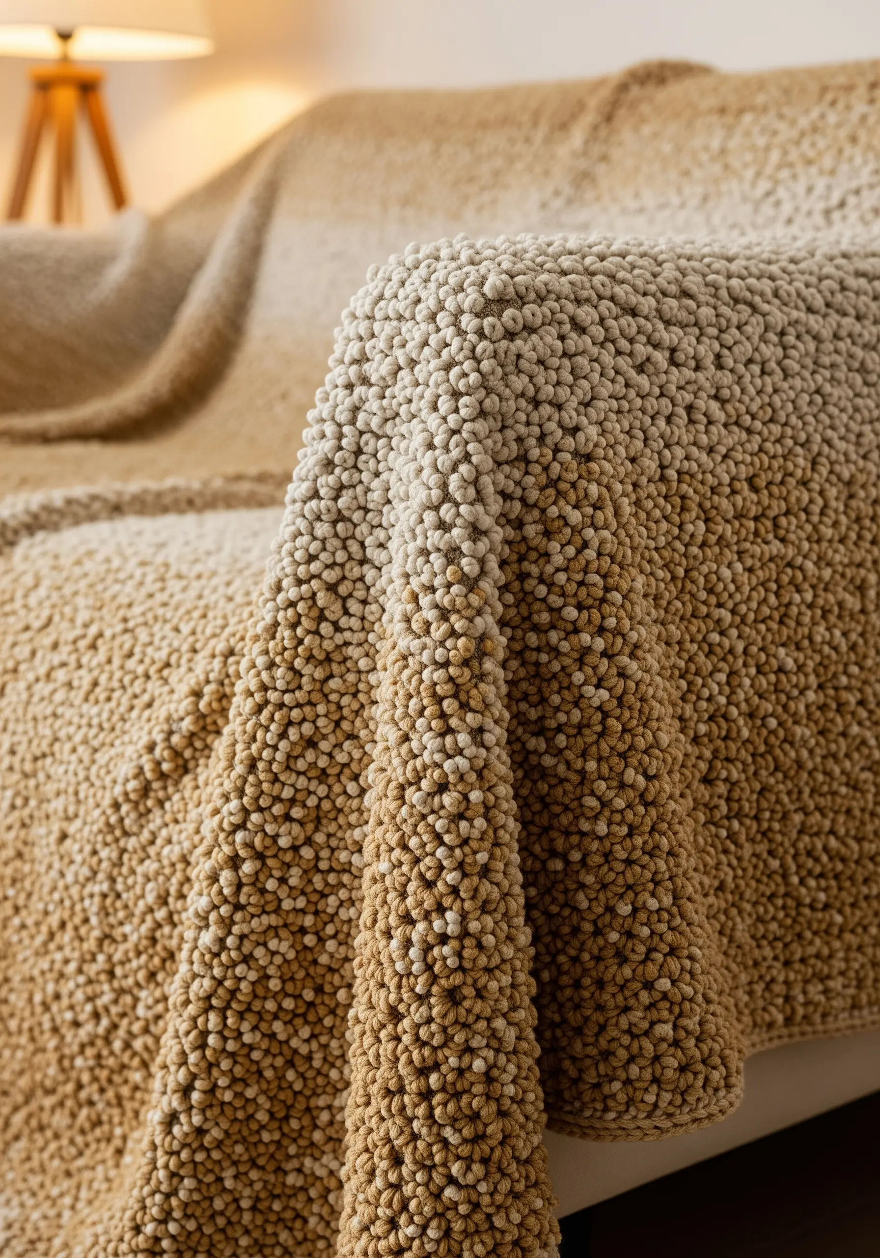 A close-up of a densely knotted blanket made with beige and brown yarn, creating a pebble texture.