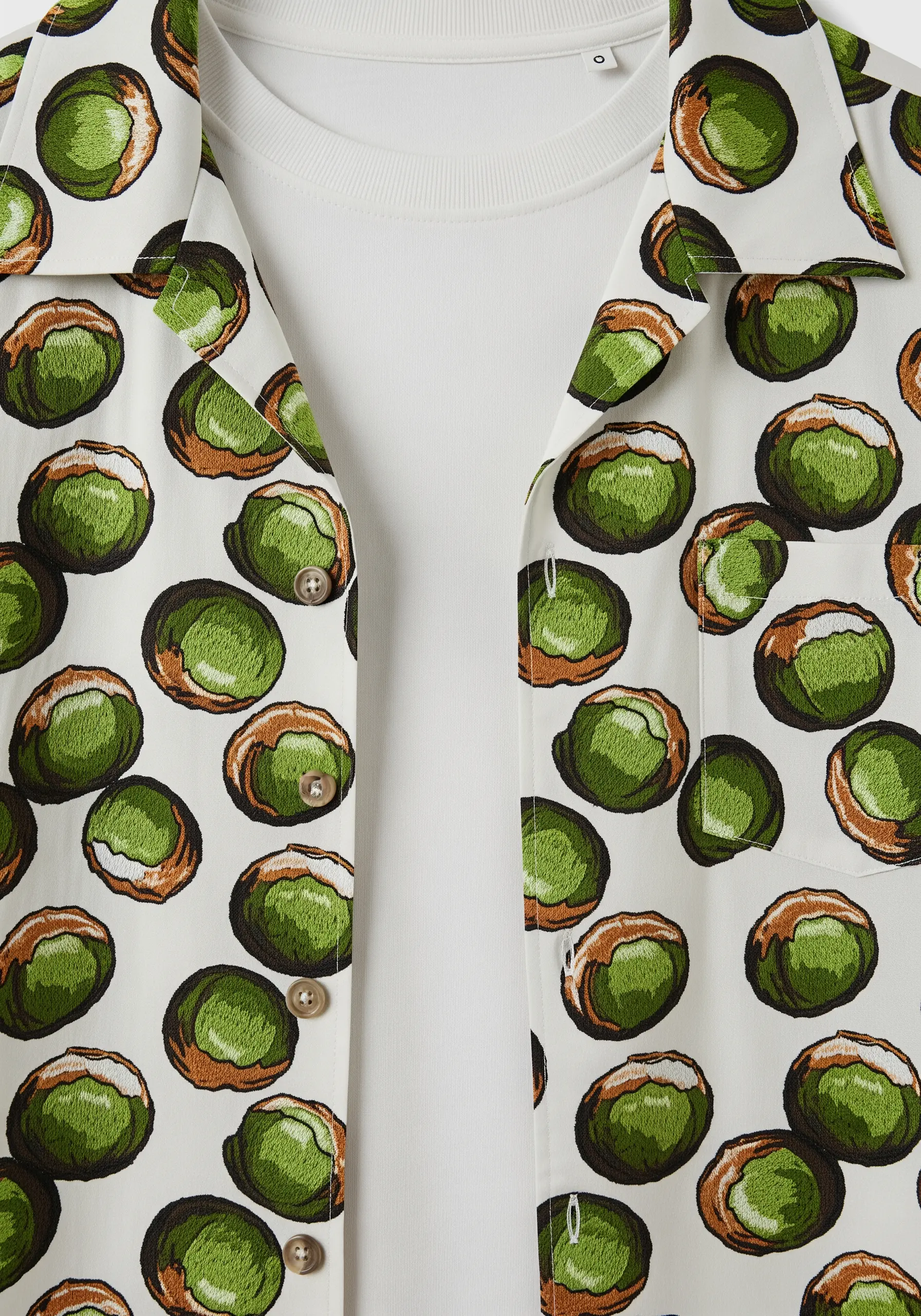 An all-over pattern of embroidered green coconuts on a white short-sleeved button-up shirt.
