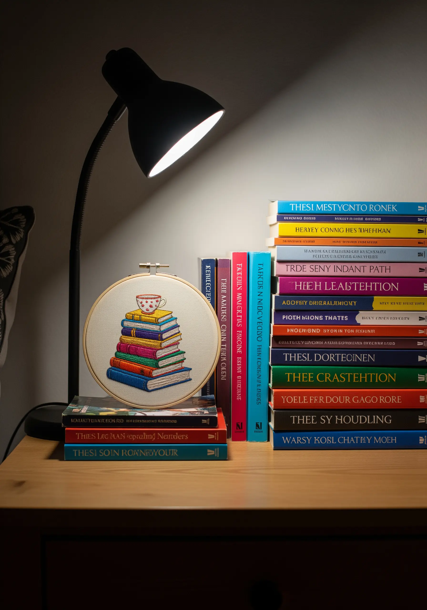 A whimsical embroidery of a colorful stack of books with a teacup on top.