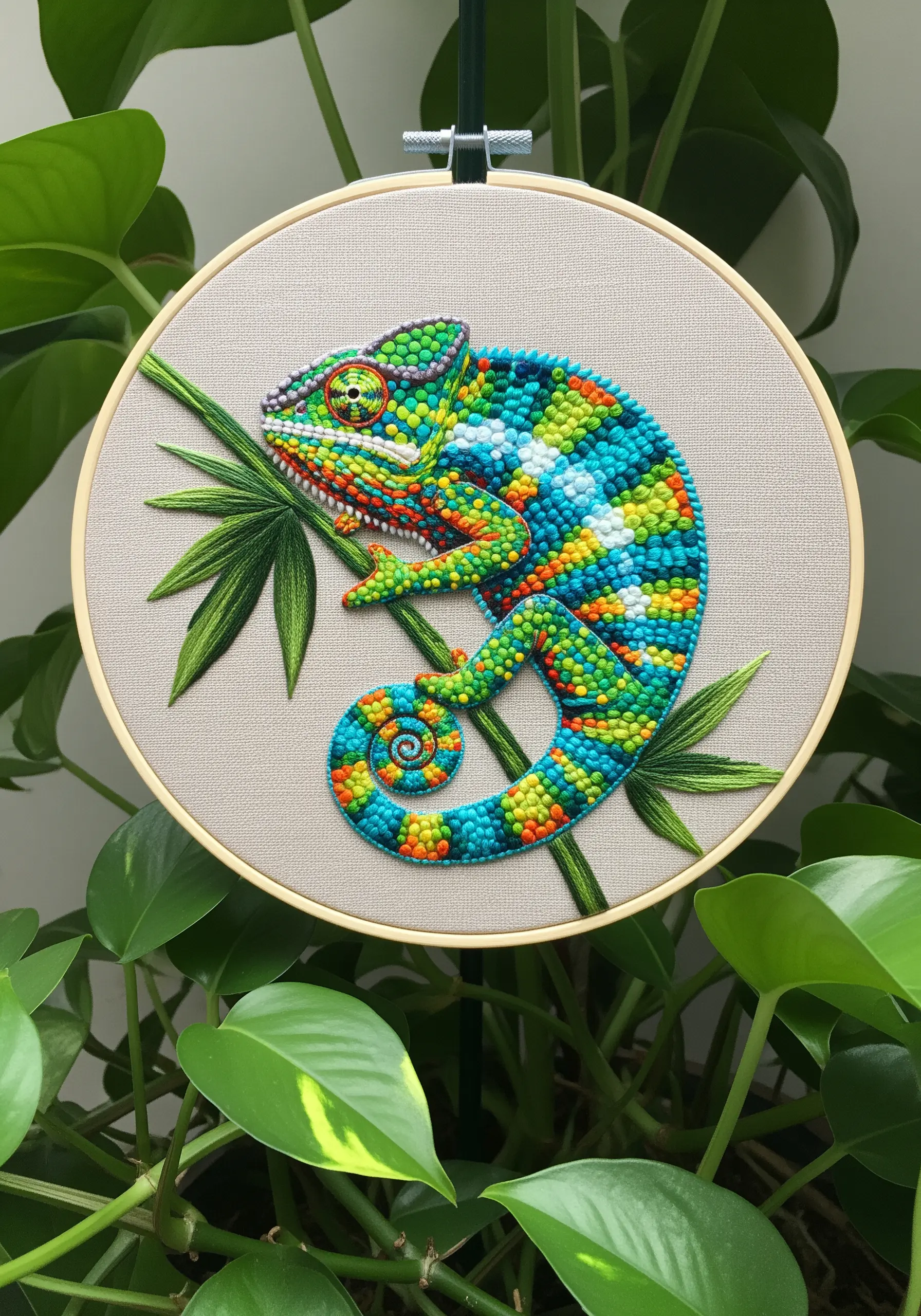 A colorful chameleon covered in dense, multi-colored French knots to mimic scaly skin.
