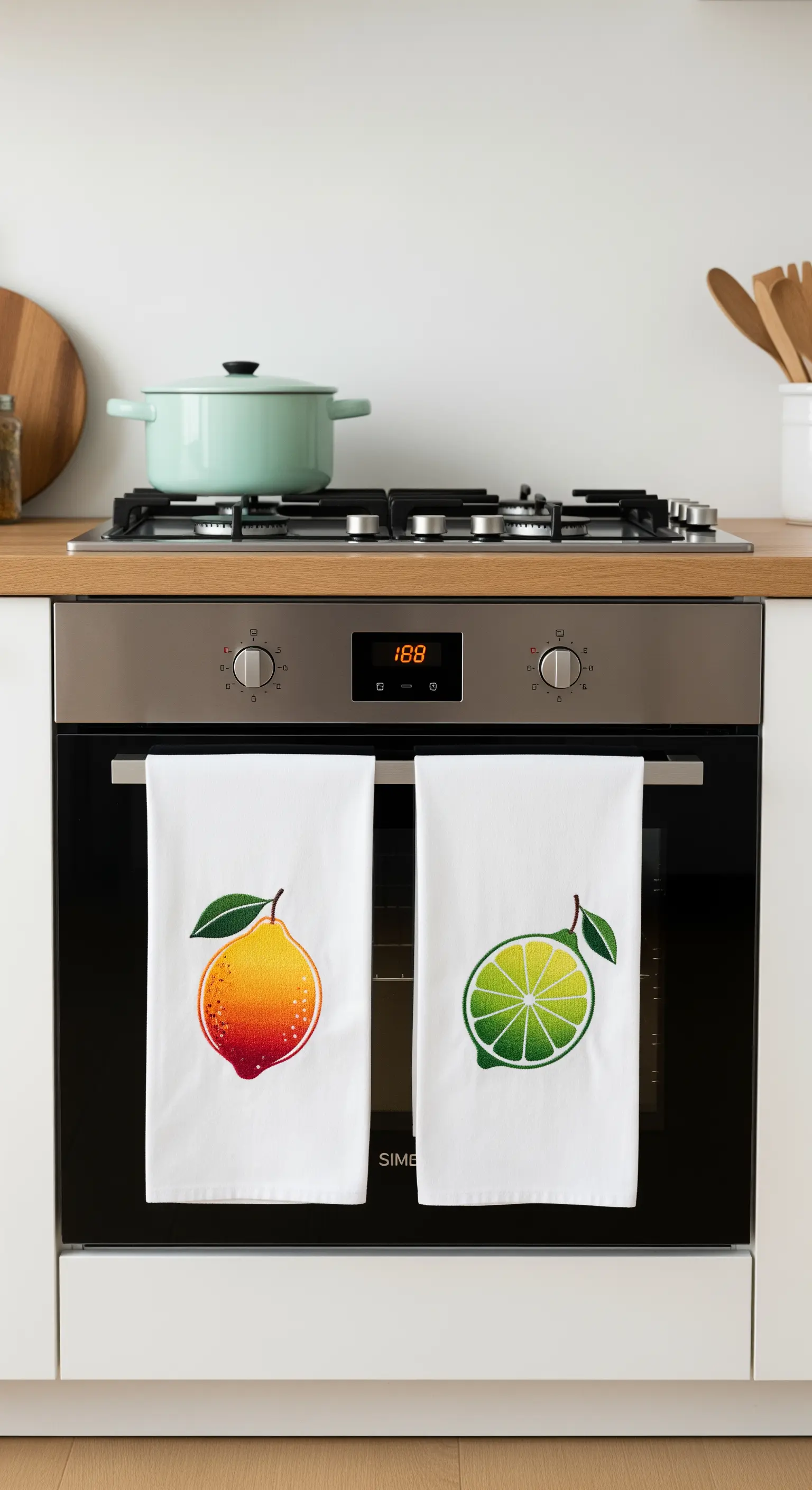 Two kitchen towels, one with an embroidered lemon and one with a lime, using French knots.