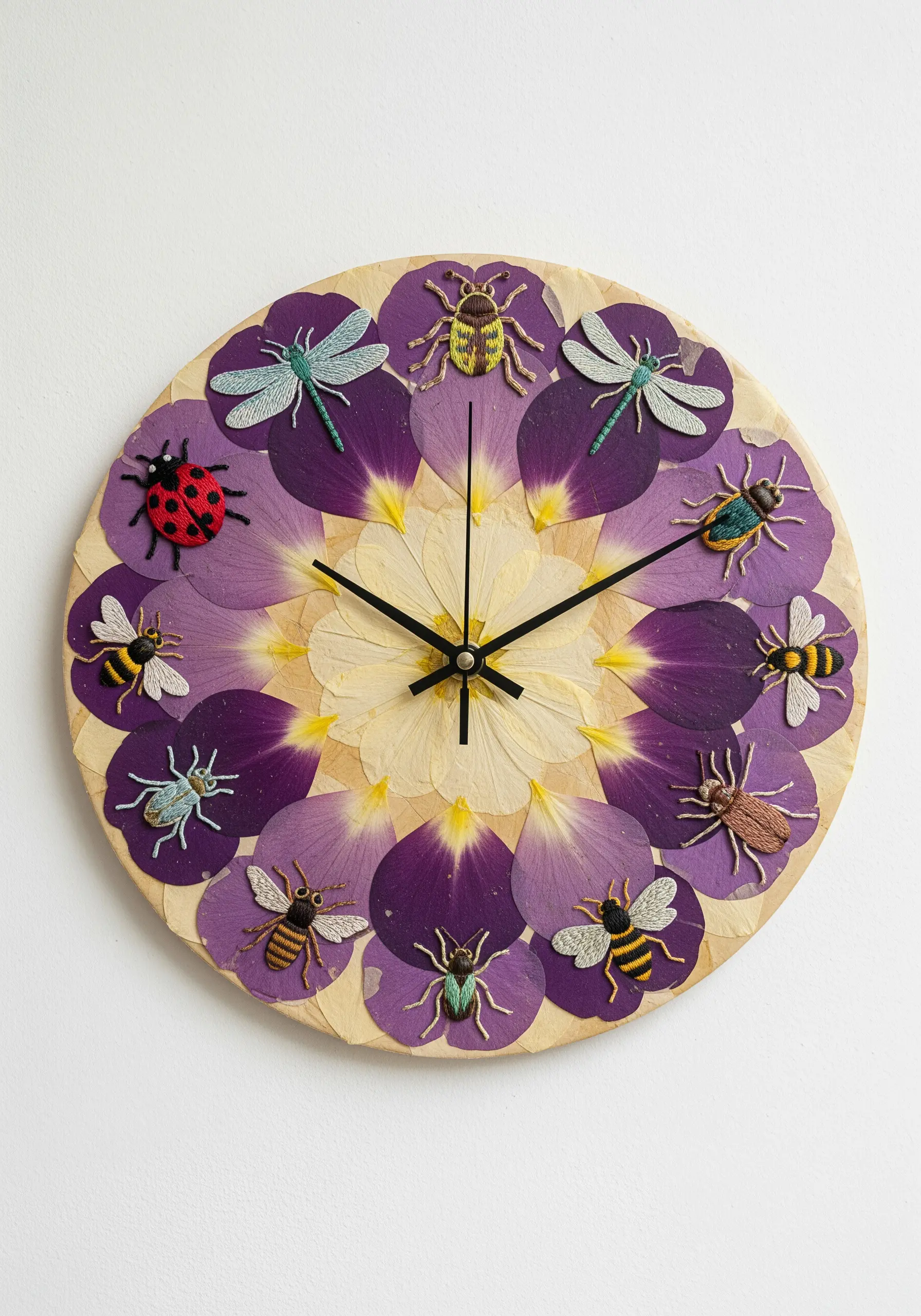 A wall clock with a face made of pressed purple petals, with small embroidered insects for numbers.