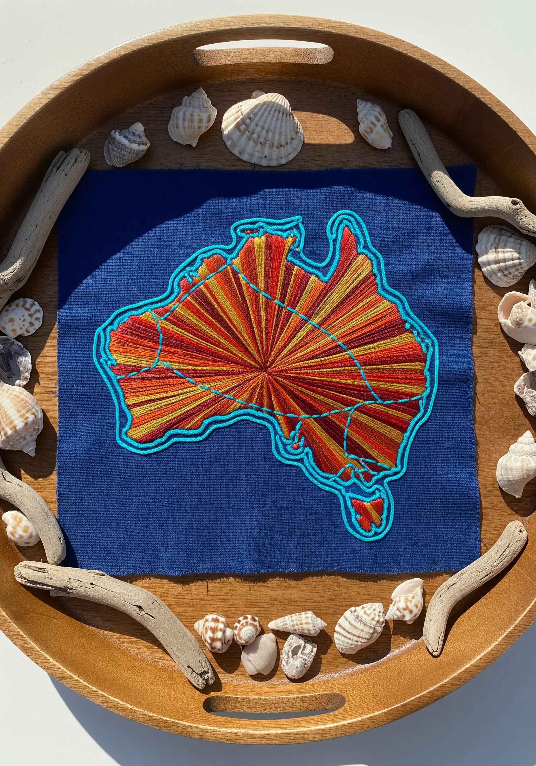 String art map of Australia with a central sunburst pattern in red and yellow thread.