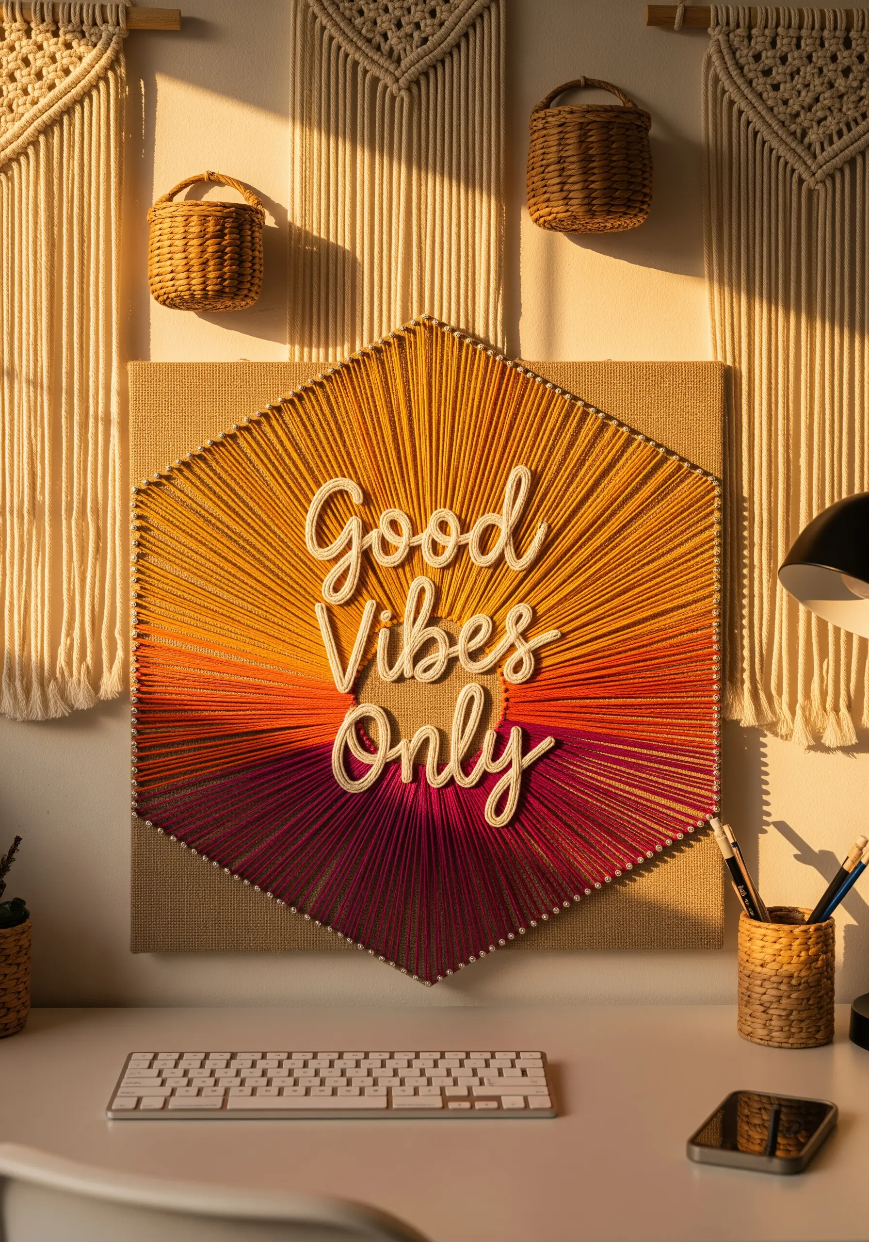 Hexagonal string art with a yellow, orange, and red ombré effect and 'Good Vibes Only' text.