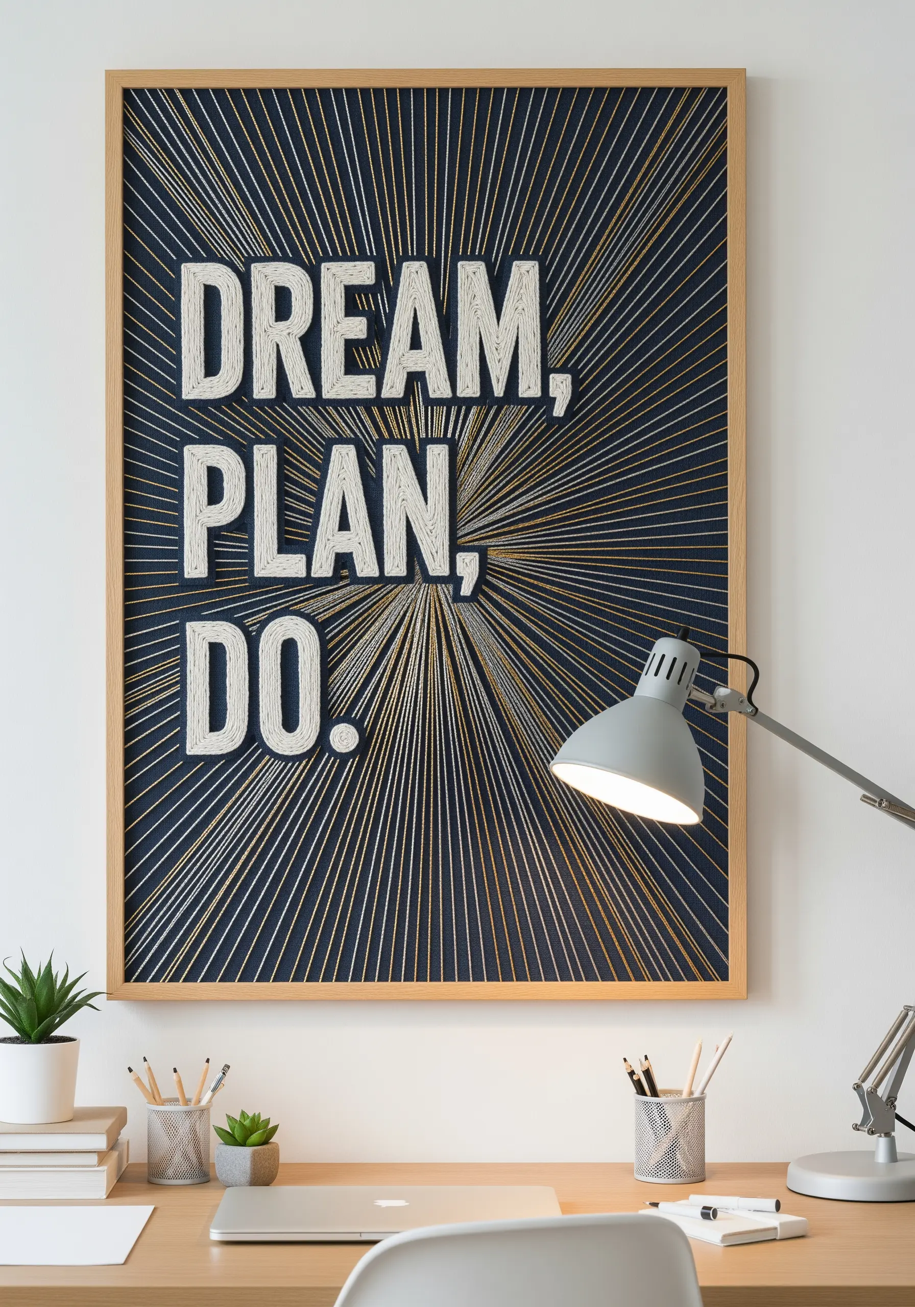 Framed string art with 'DREAM, PLAN, DO' and radiating gold threads on a dark background.