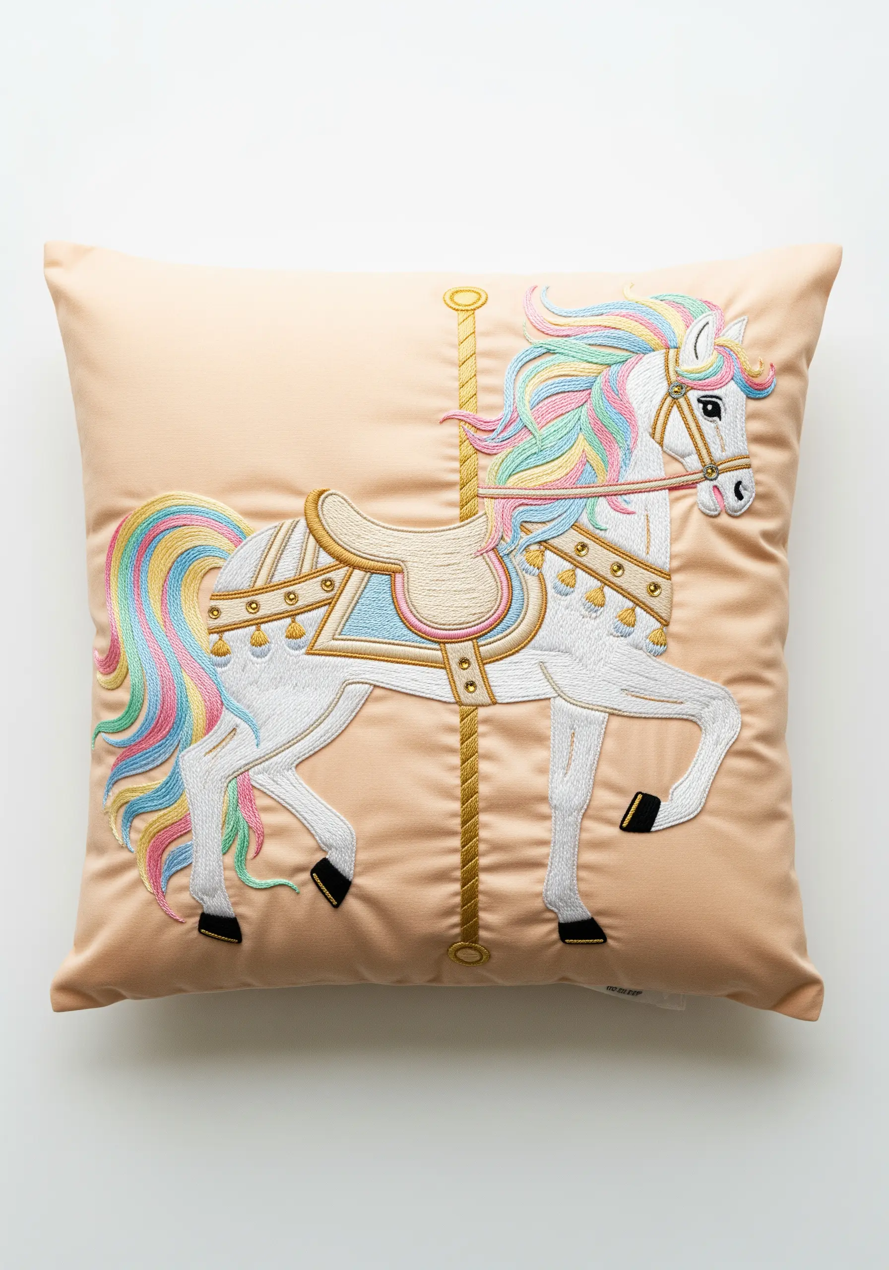 Embroidered carousel horse with a vibrant rainbow-colored mane and tail.