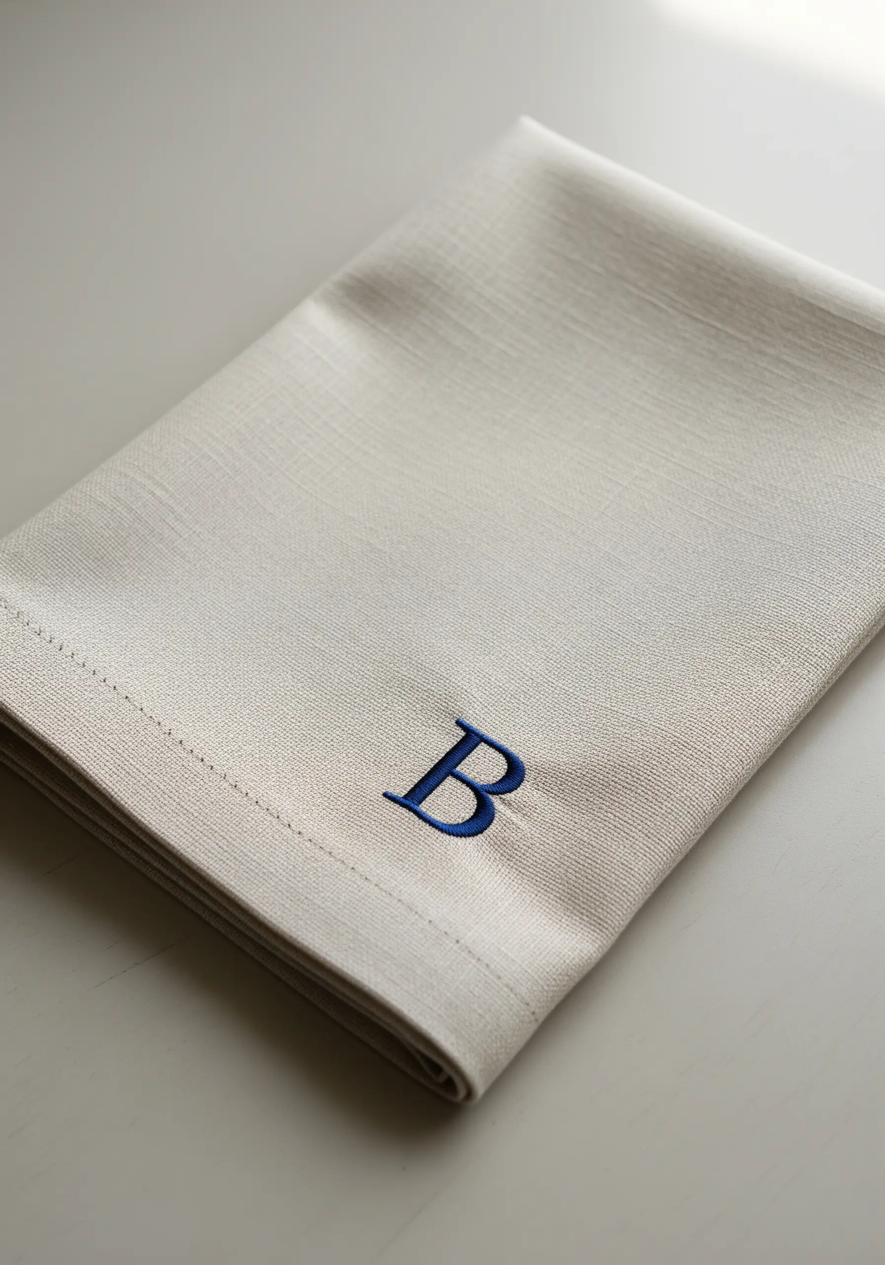 A classic blue satin-stitched letter 'B' monogrammed on a folded piece of linen.