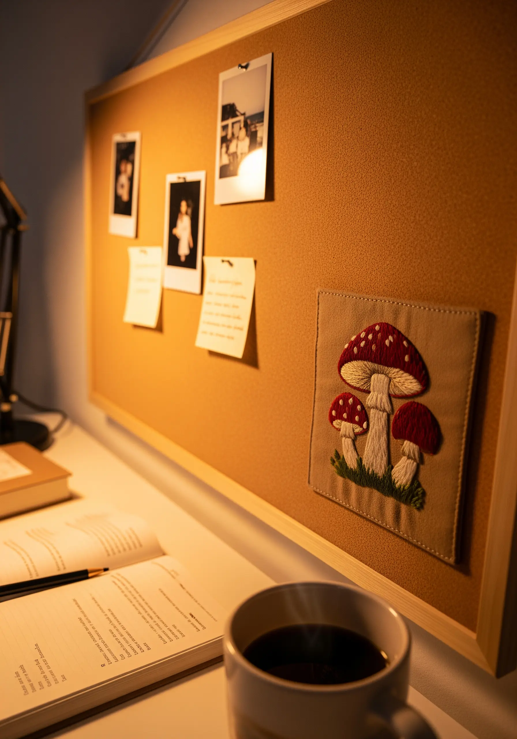 Embroidered mushroom art patch with satin stitch details pinned to a corkboard