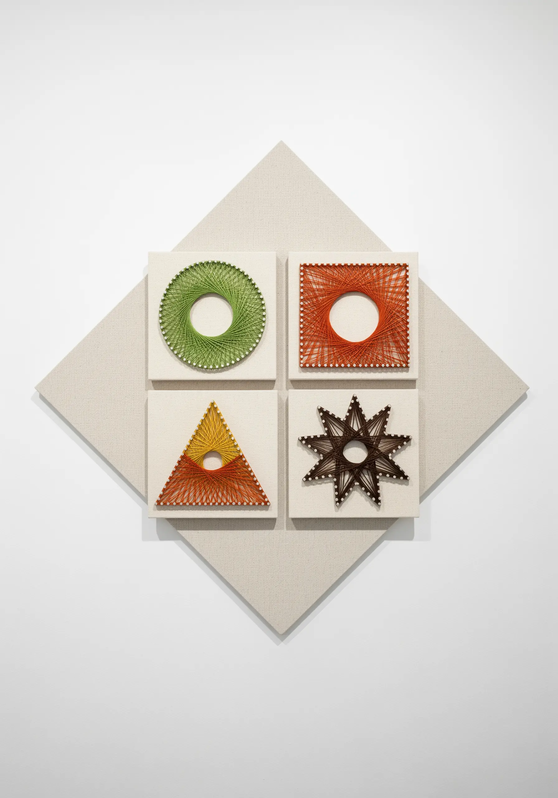 A four-panel art piece displaying different geometric string art shapes and patterns
