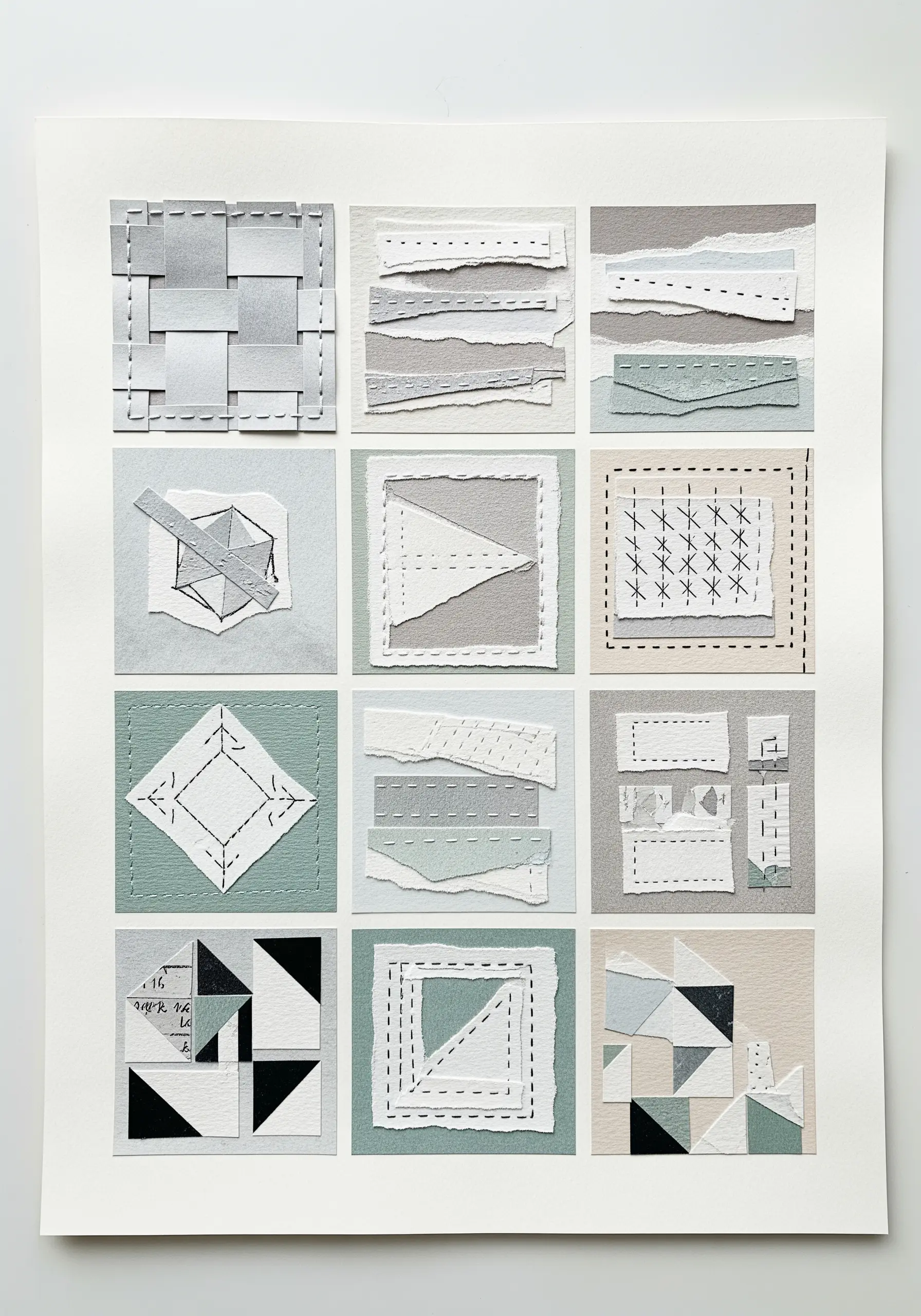 A grid of twelve small squares, each showcasing a different paper collage and stitch technique.