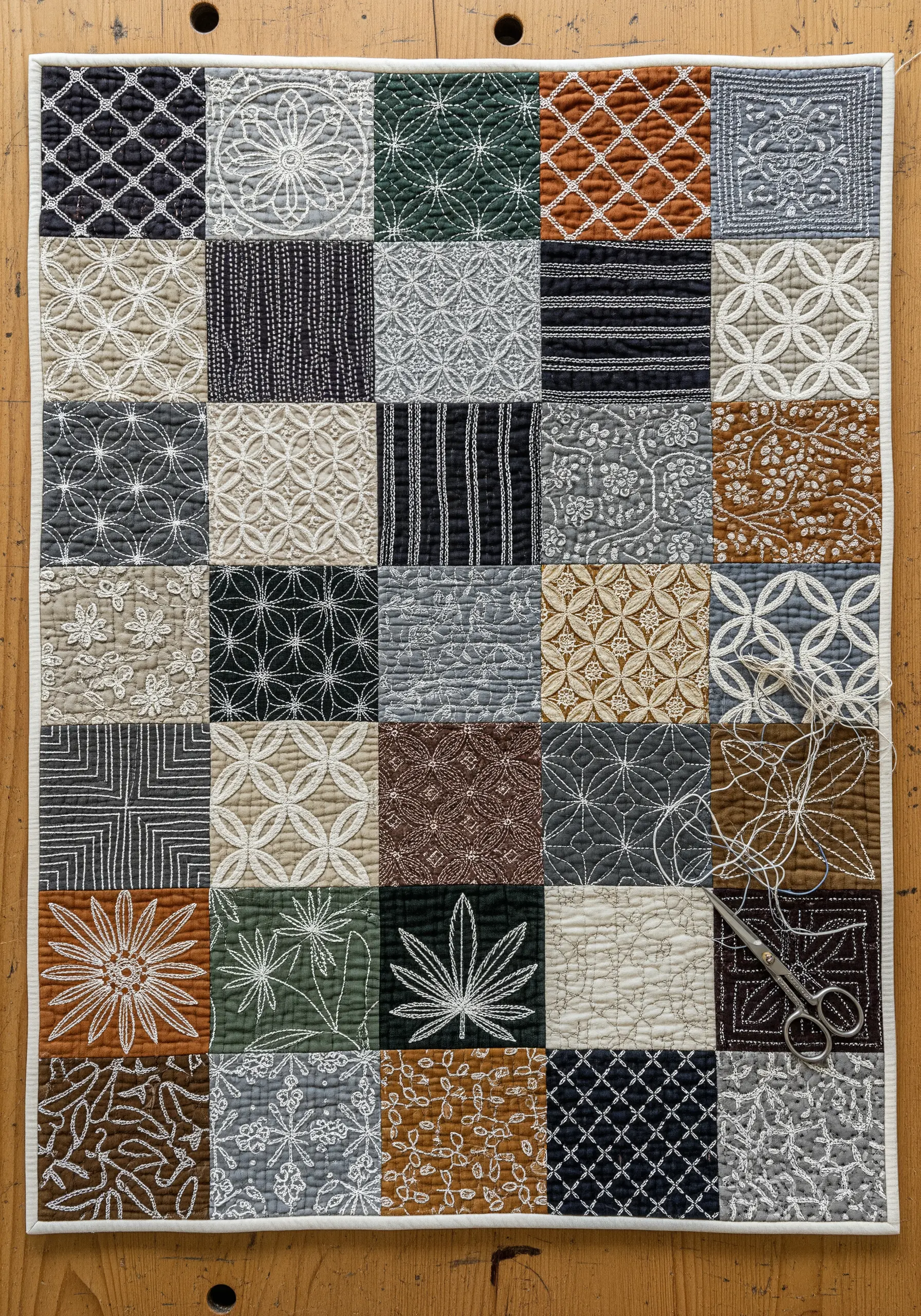 A patchwork quilt made of many squares, each featuring a different white Sashiko pattern.