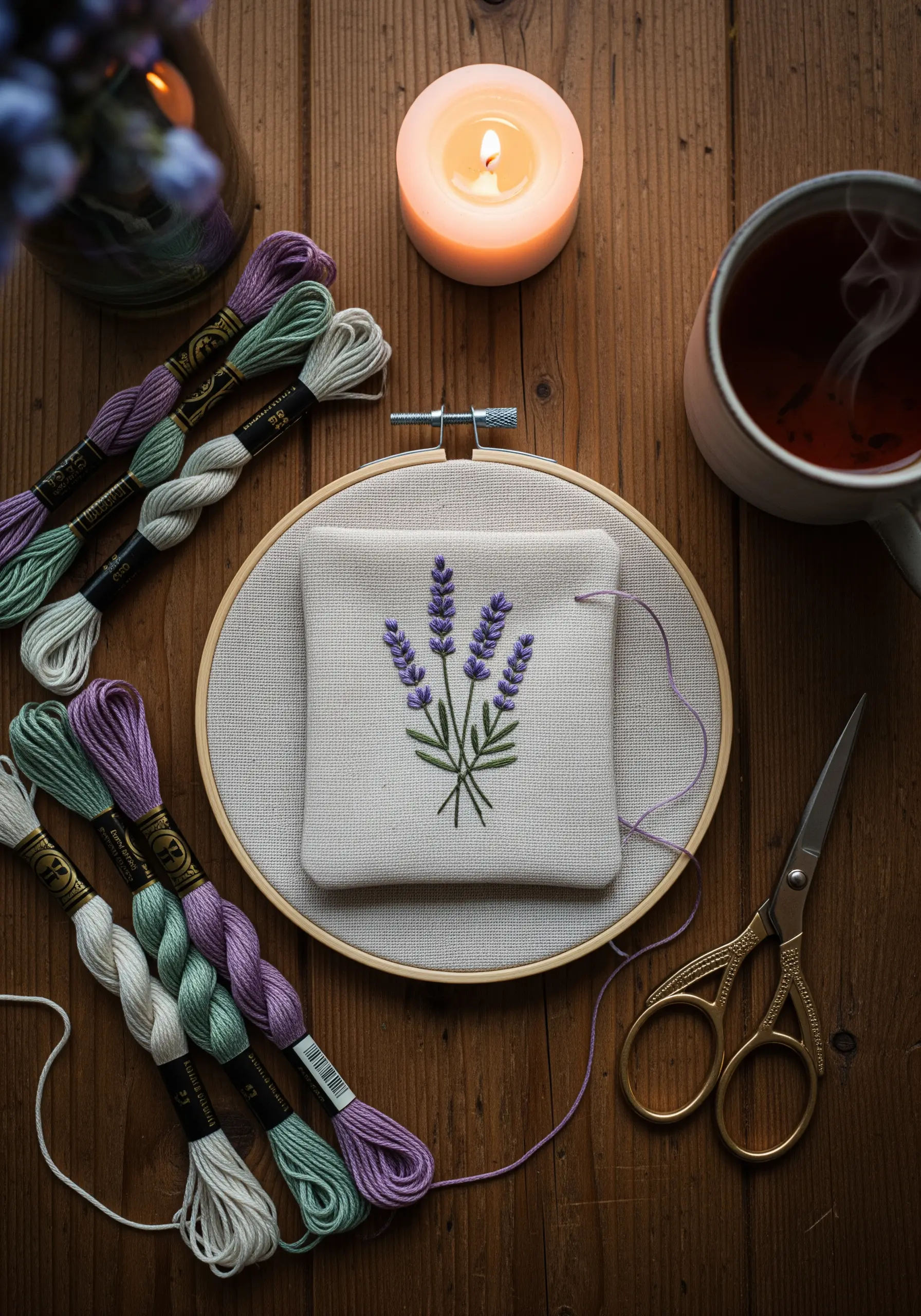 A hand-embroidered lavender sachet resting in a hoop, surrounded by thread and a candle.