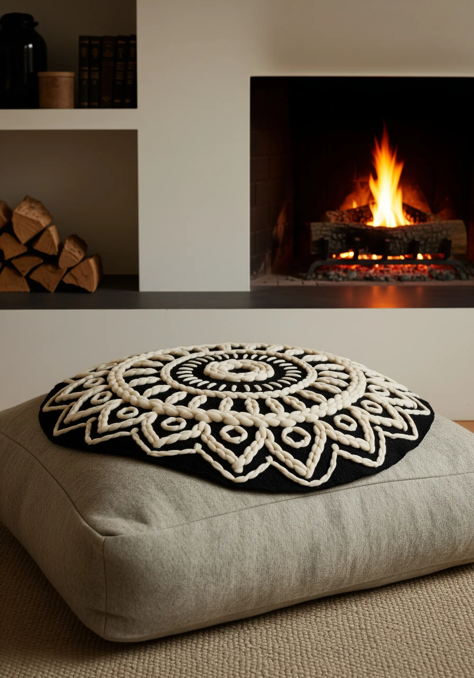 A highly textural floor cushion with a mandala made from thick, couched white yarn on black fabric.
