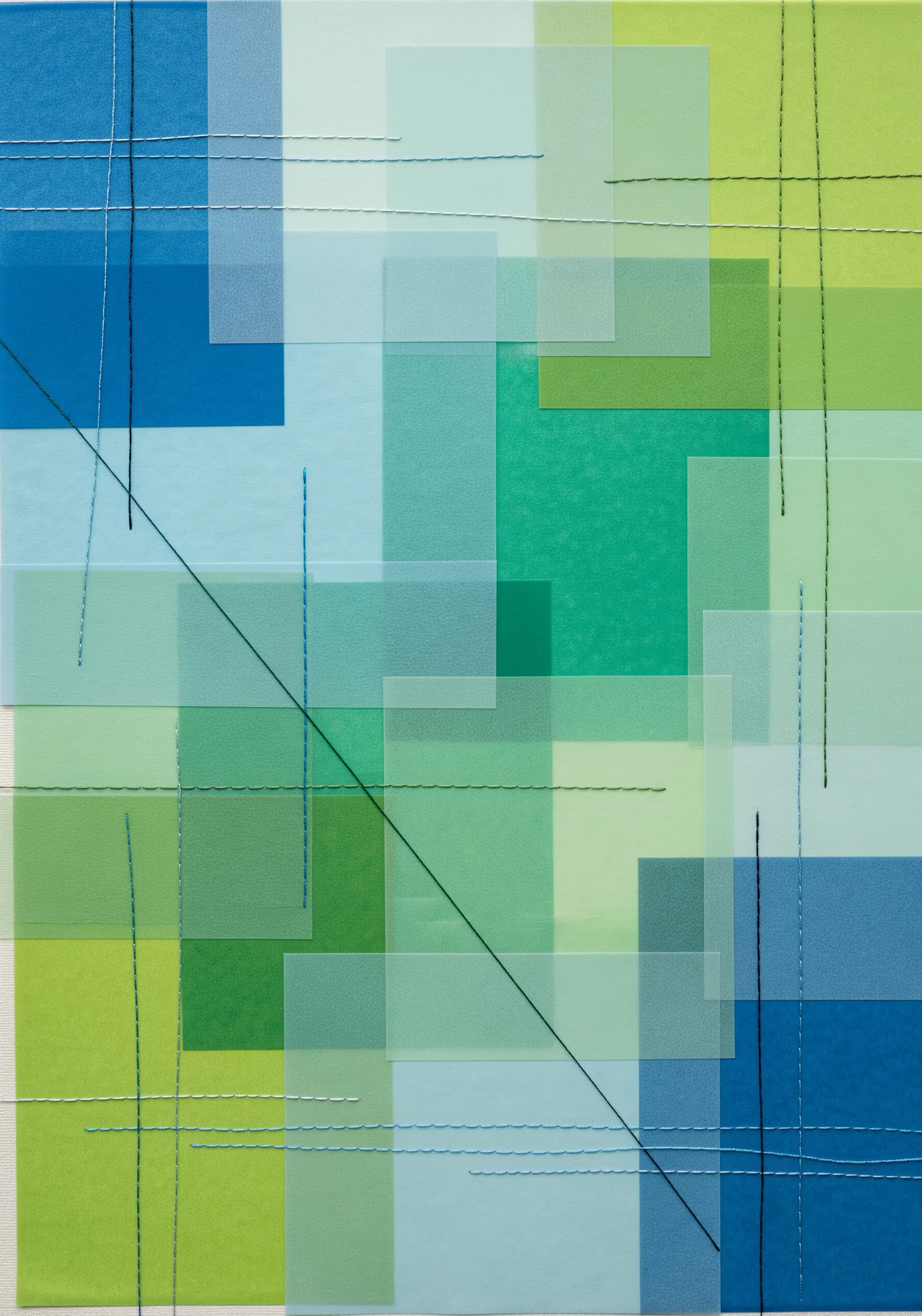 An abstract collage of translucent green and blue squares with a grid of stitched lines on top.