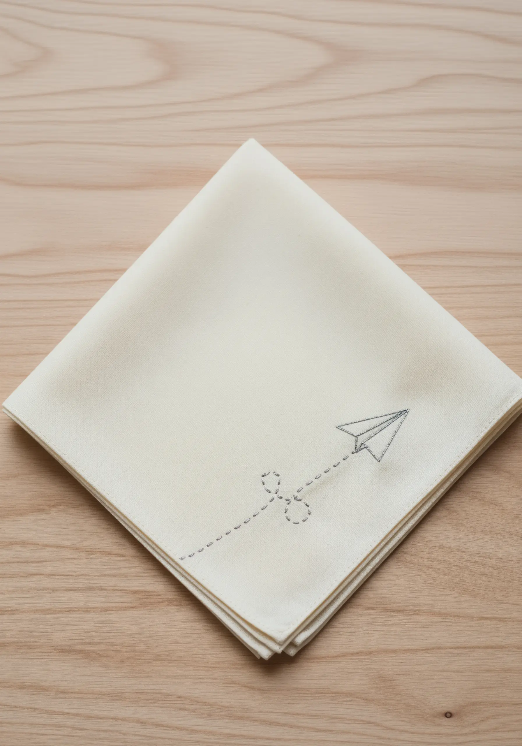 A paper airplane embroidered in gray thread with a dotted line trail on a cream napkin.