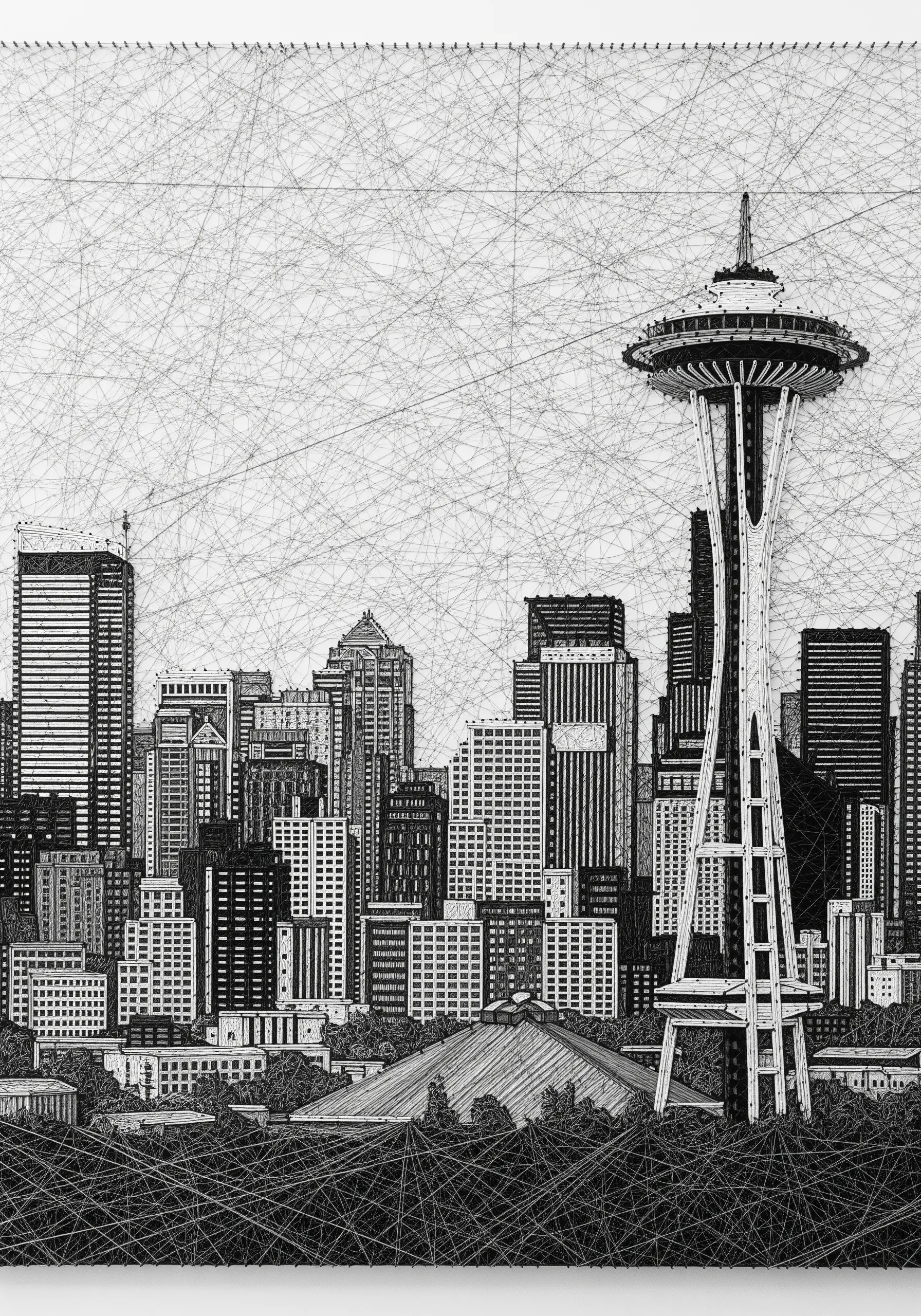 Detailed black and white string art of the Seattle skyline with a chaotic, web-like background of threads.