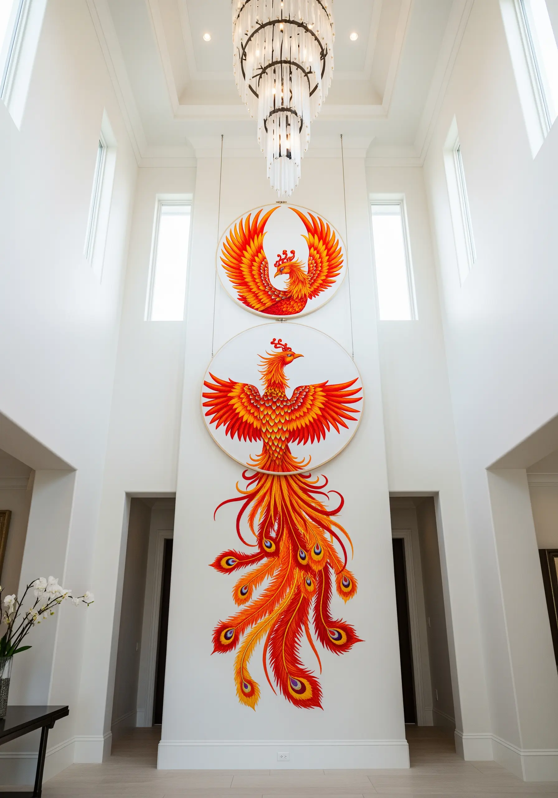 A two-part vertical hoop display of a magnificent phoenix in fiery orange and red tones.