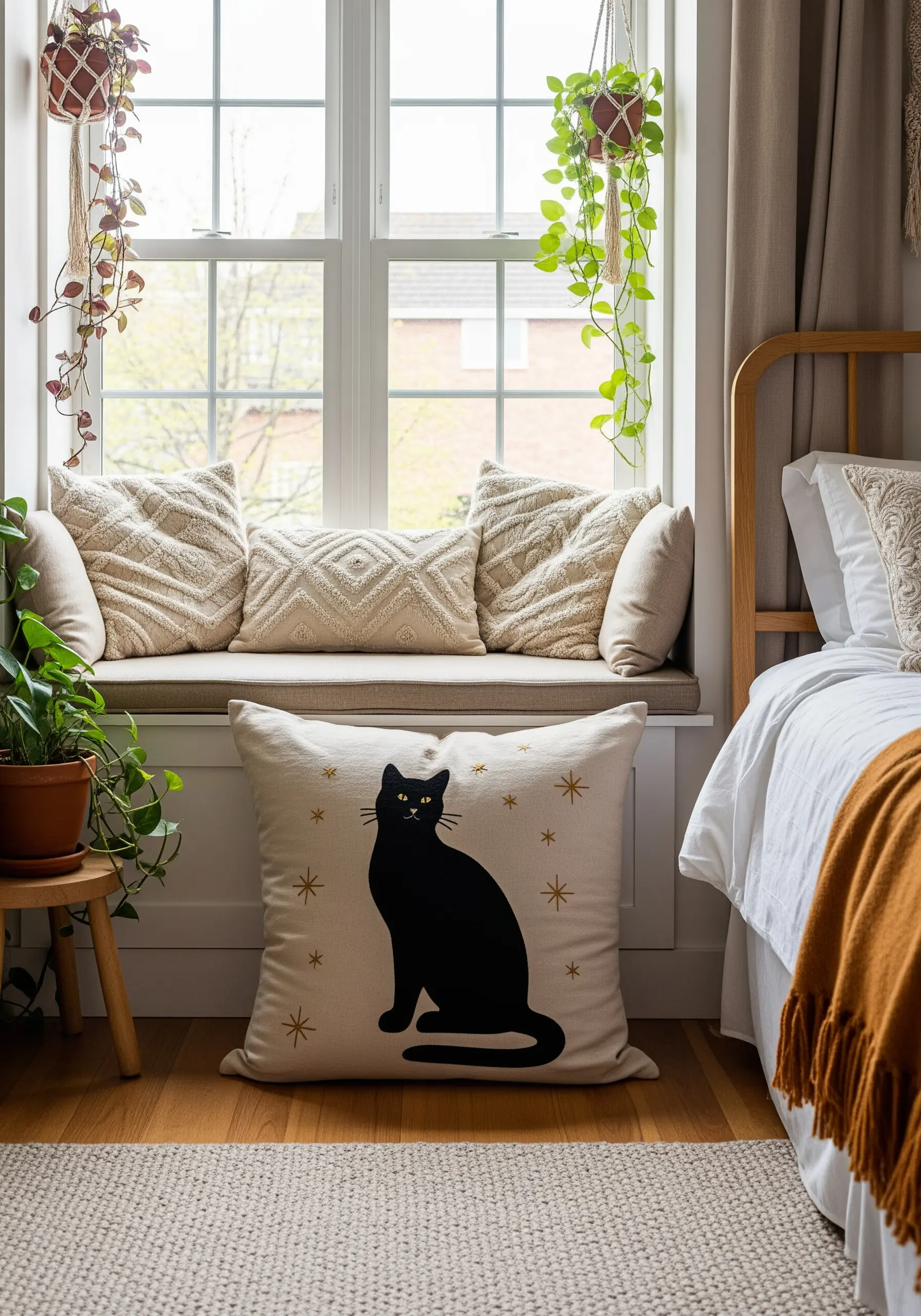 A large pillow with a black cat appliqué silhouette, accented with small embroidered gold stars.