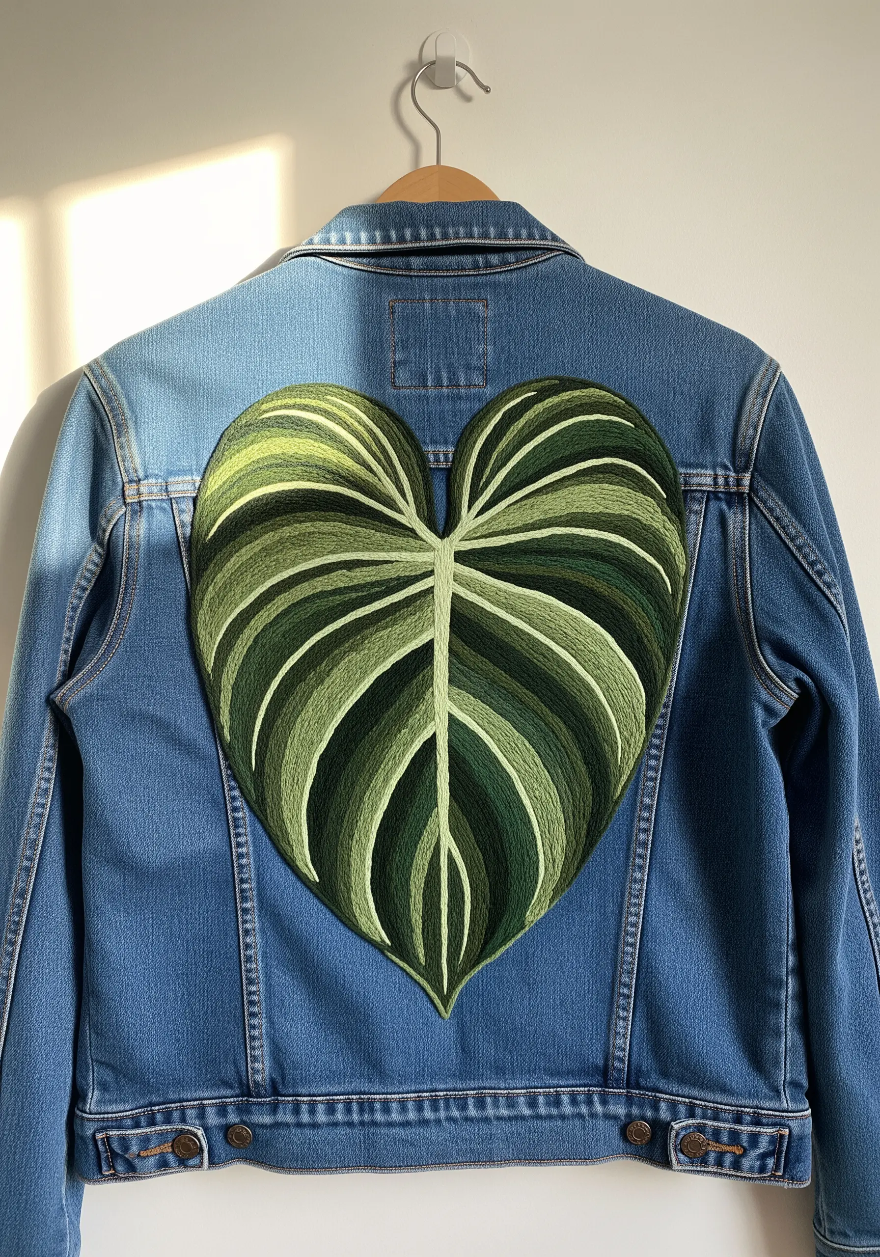 A large, heart-shaped Philodendron leaf embroidered as a patch on the back of a denim jacket.
