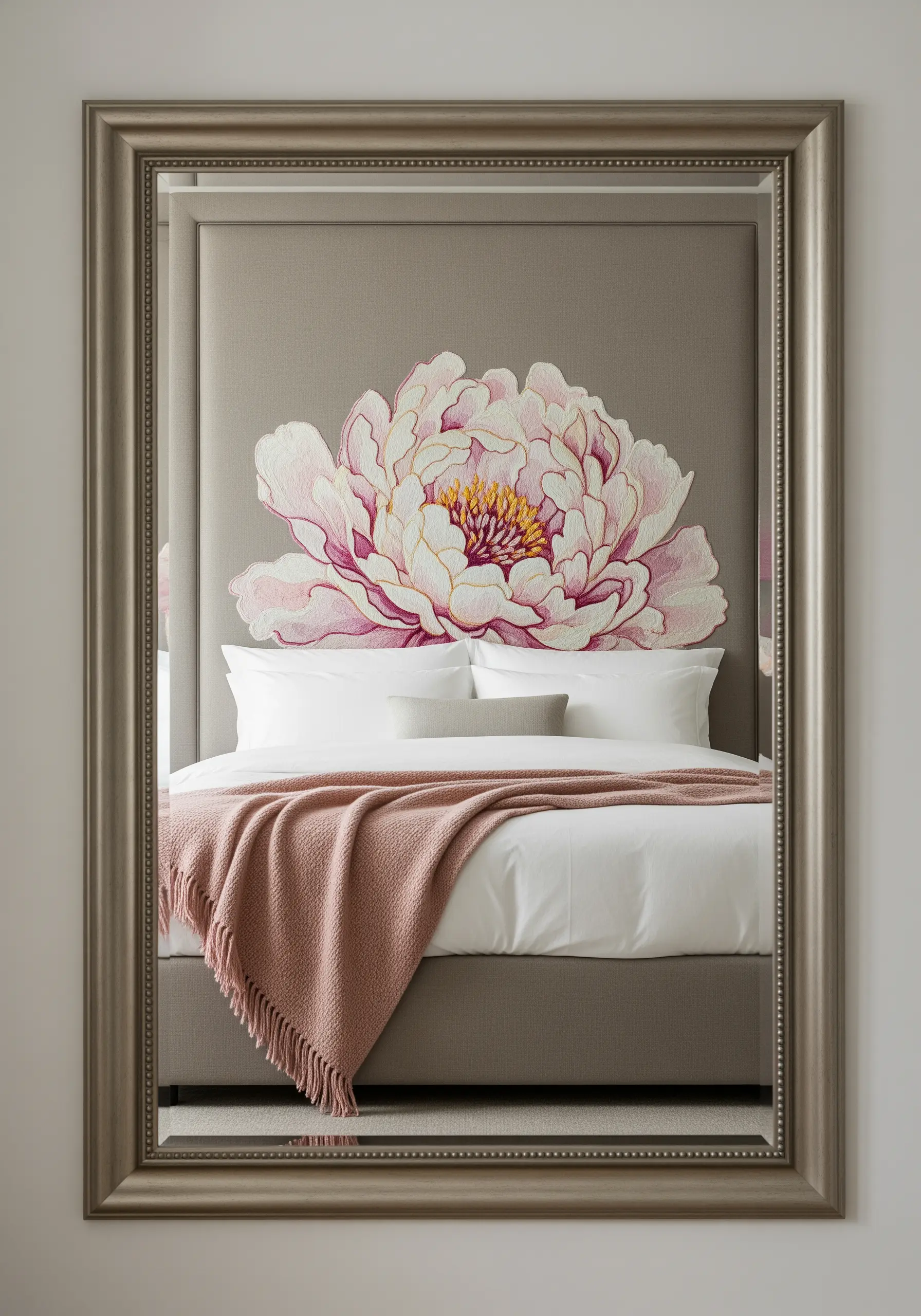 Oversized embroidered peony flower on a taupe upholstered headboard.