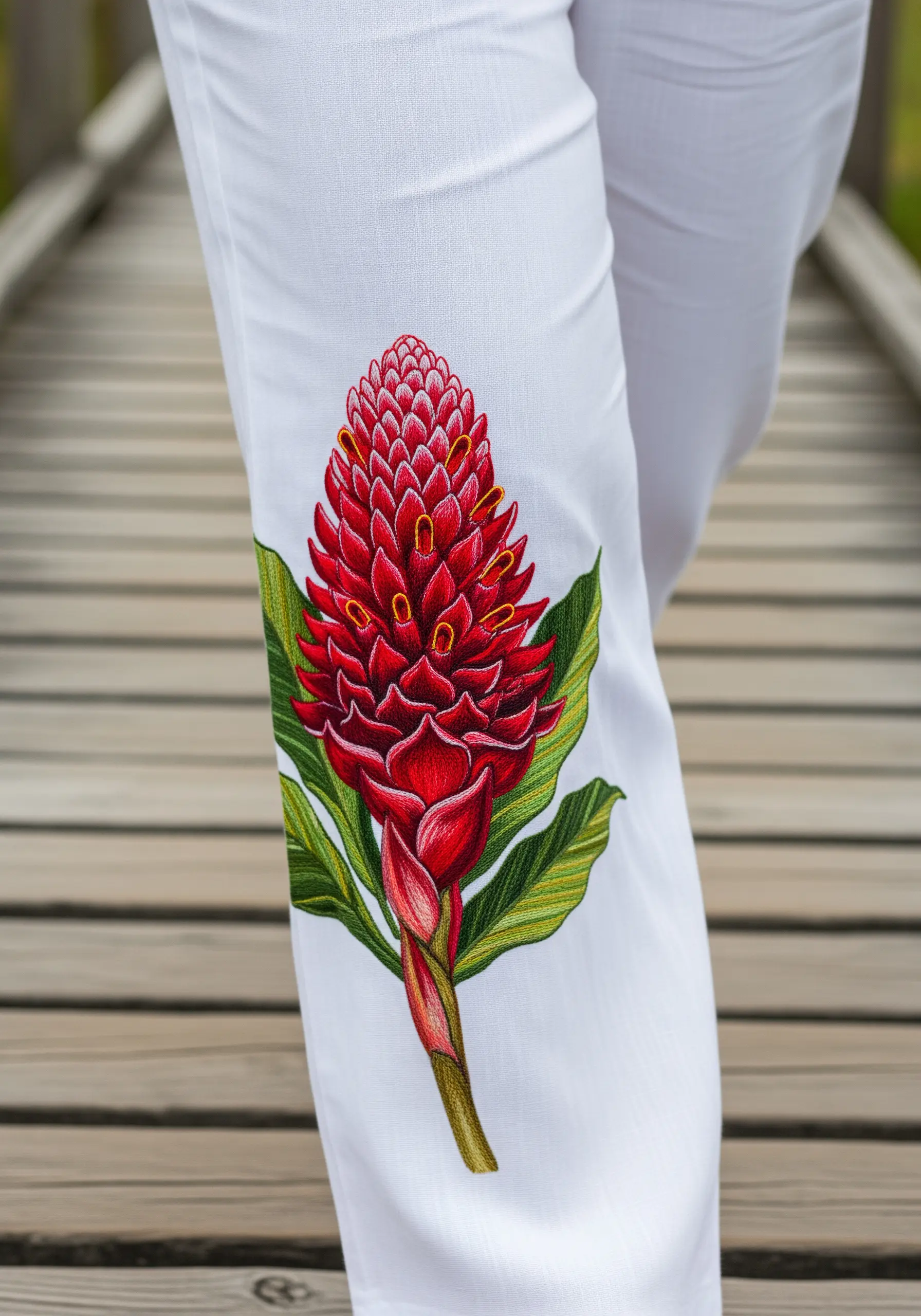 A tall, detailed red torch ginger flower embroidered down the leg of white pants.