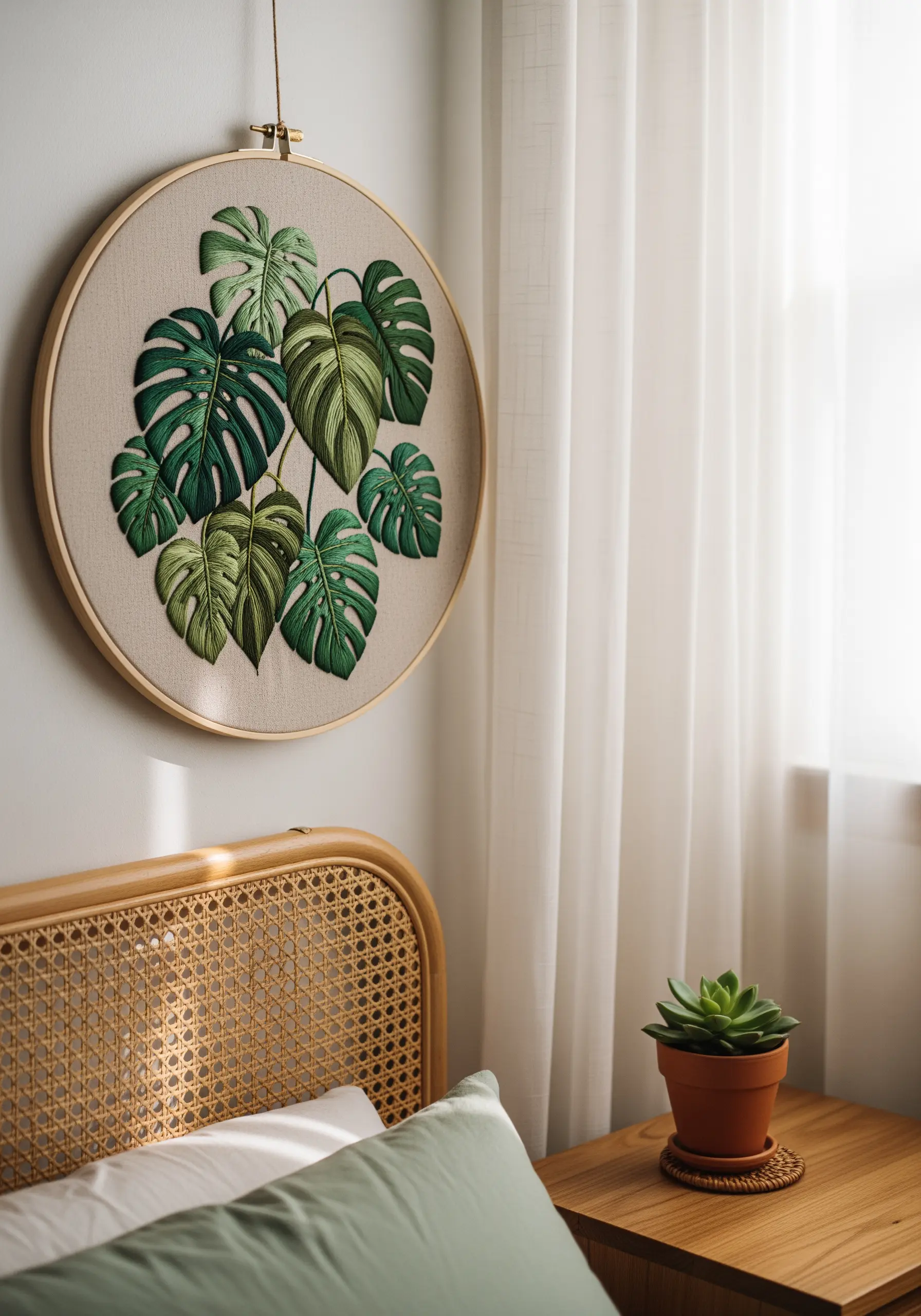 Large embroidery hoop with detailed, thread-painted monstera leaves hanging above a rattan headboard.