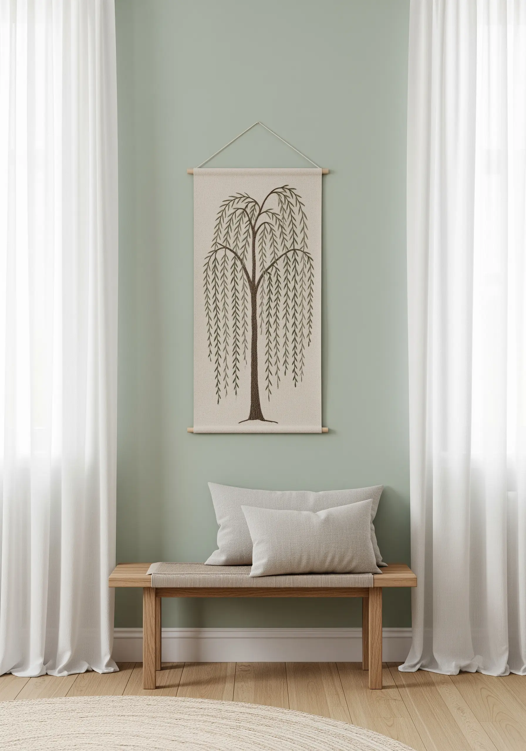 A large fabric wall hanging featuring an embroidered weeping willow tree.