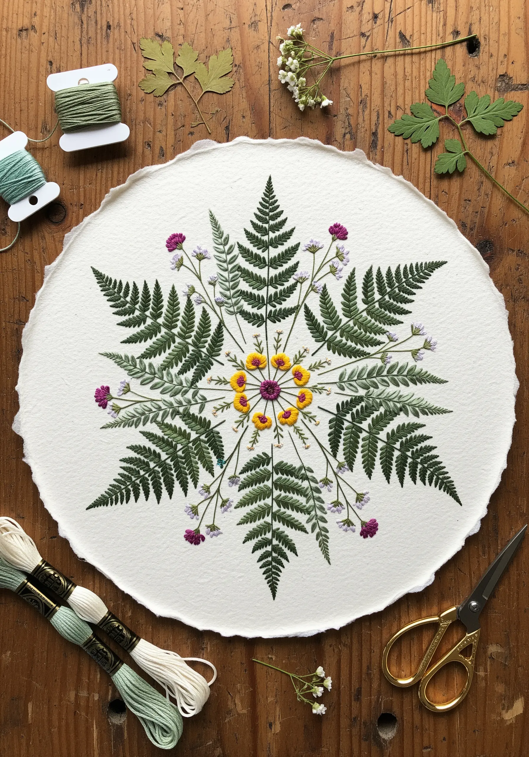 A symmetrical mandala made of stitched details and pressed green ferns and tiny flowers on round paper.