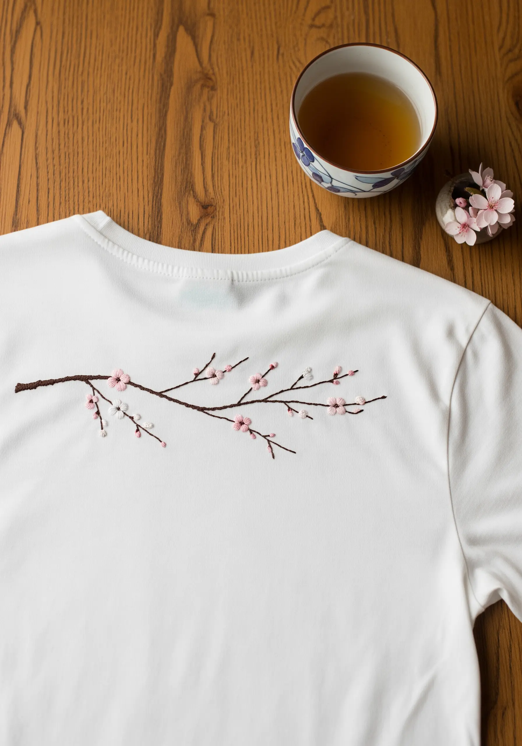 Cherry blossom branch with pink flowers embroidered across the back of a t-shirt.