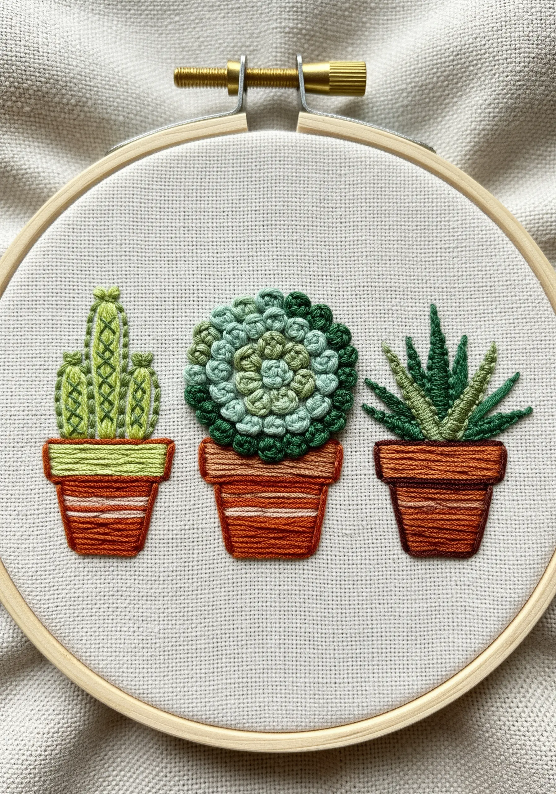 Three embroidered succulents in pots, each stitched with a different textural technique.