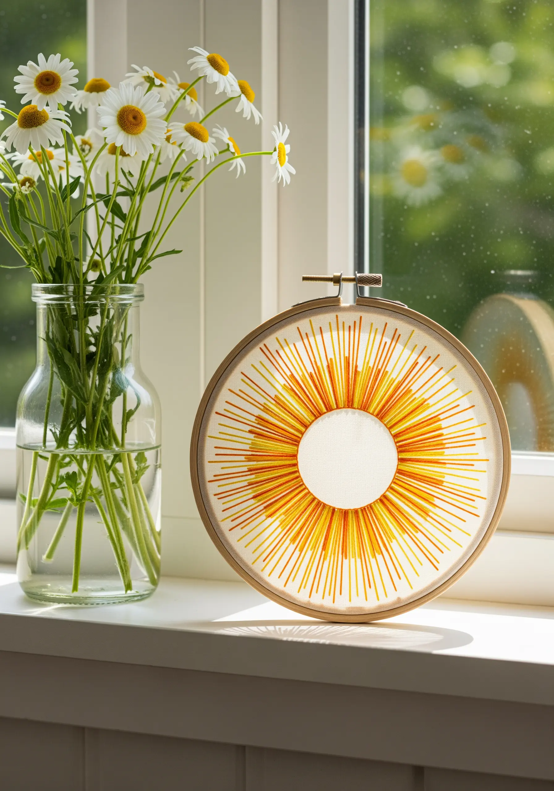 Abstract sunburst design using straight stitches in yellow and orange across an embroidery hoop.