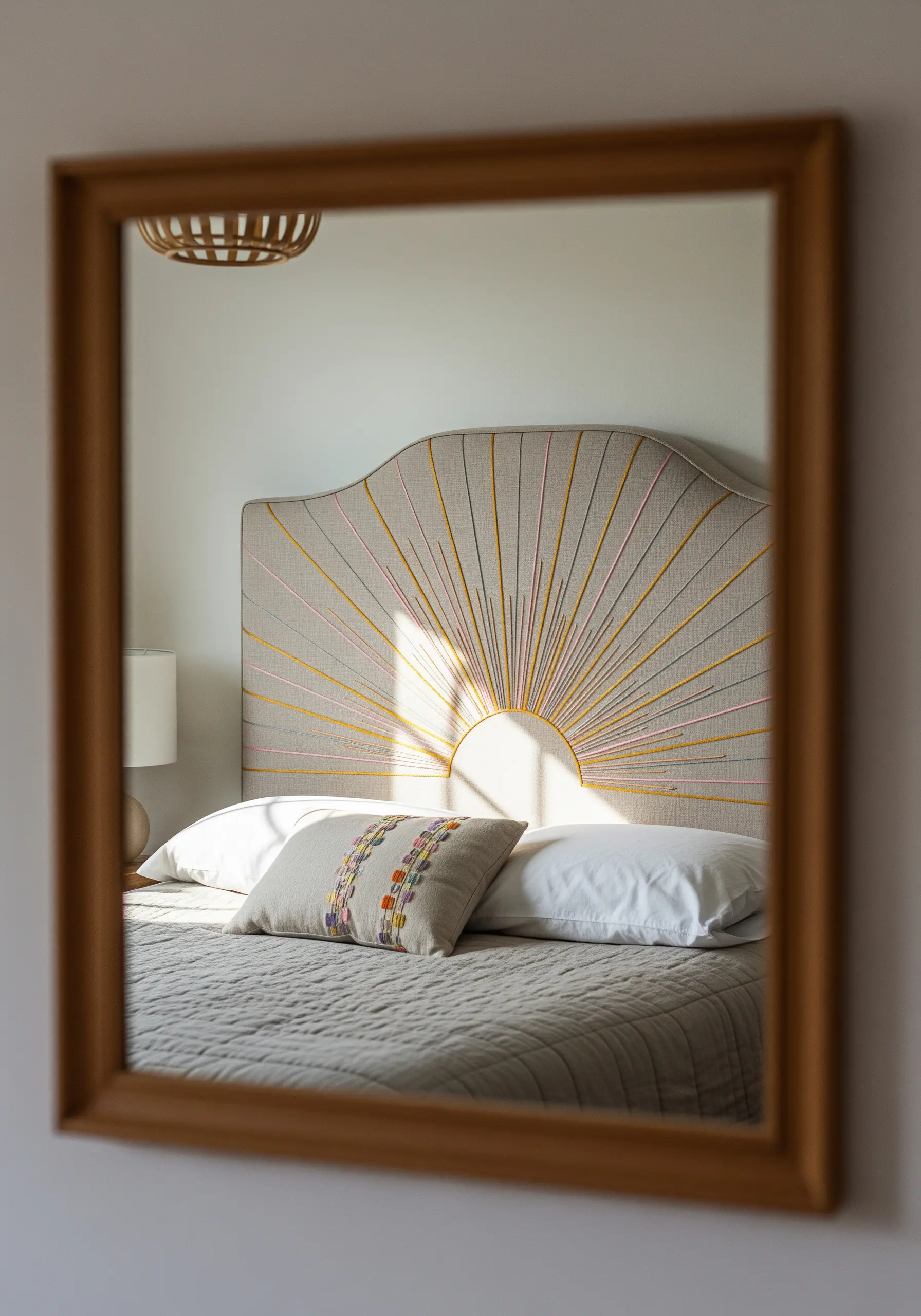 An upholstered headboard decorated with long stitches of colorful yarn creating a sunrise.