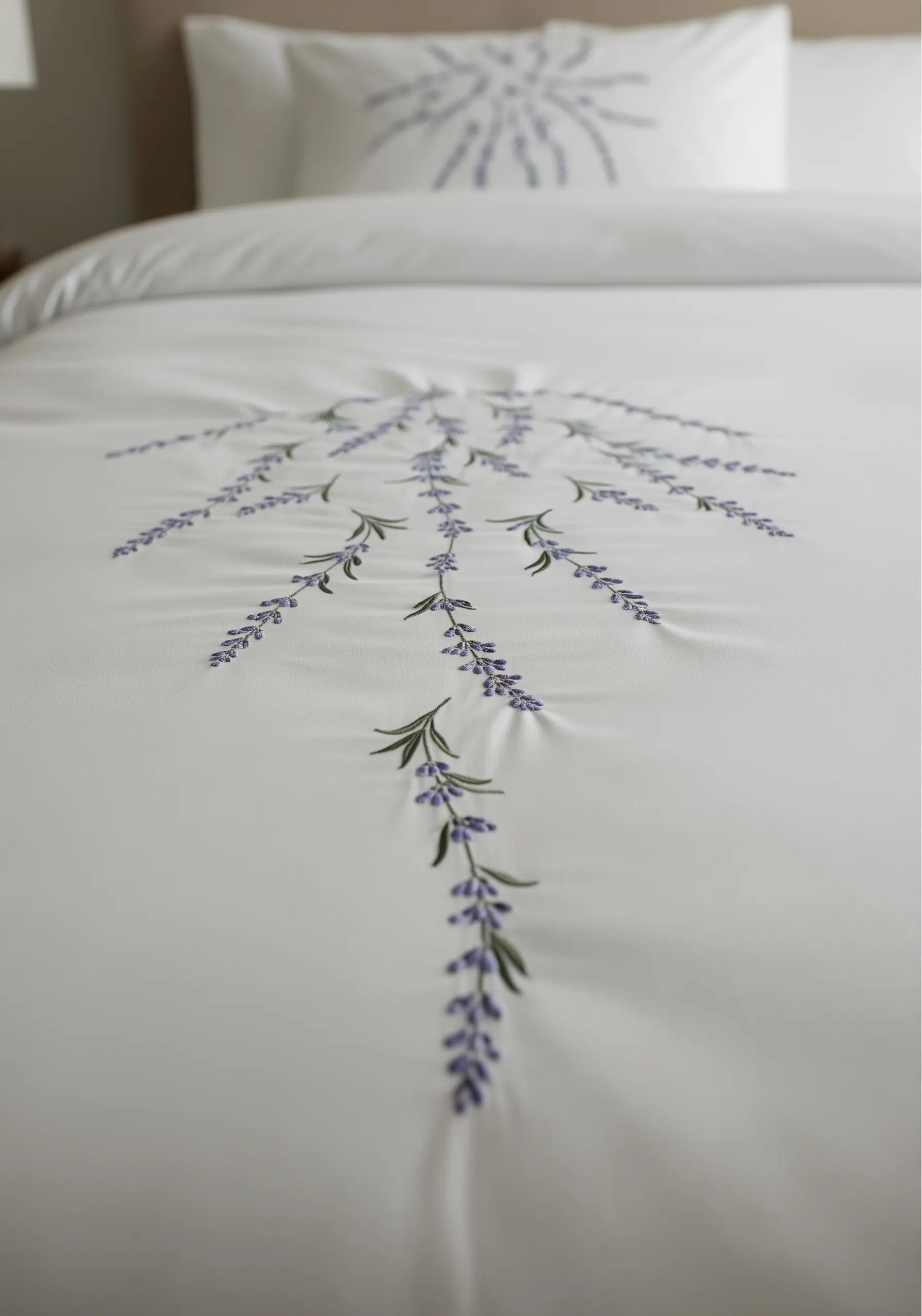 A large, symmetrical lavender medallion embroidered in the center of a white duvet cover.