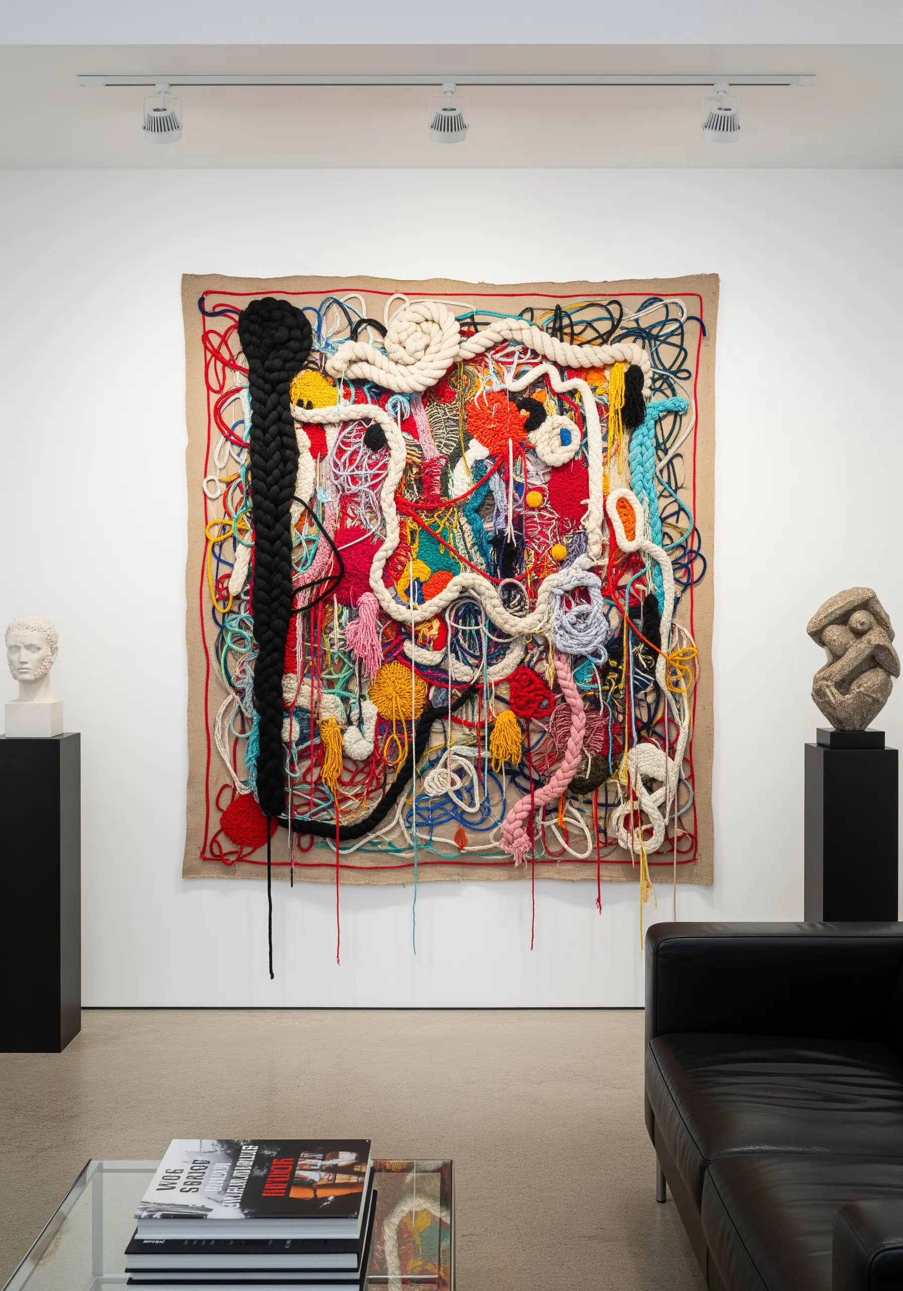 A chaotic, abstract fiber art tapestry with tangled yarn, rope, braids, and bright colors.