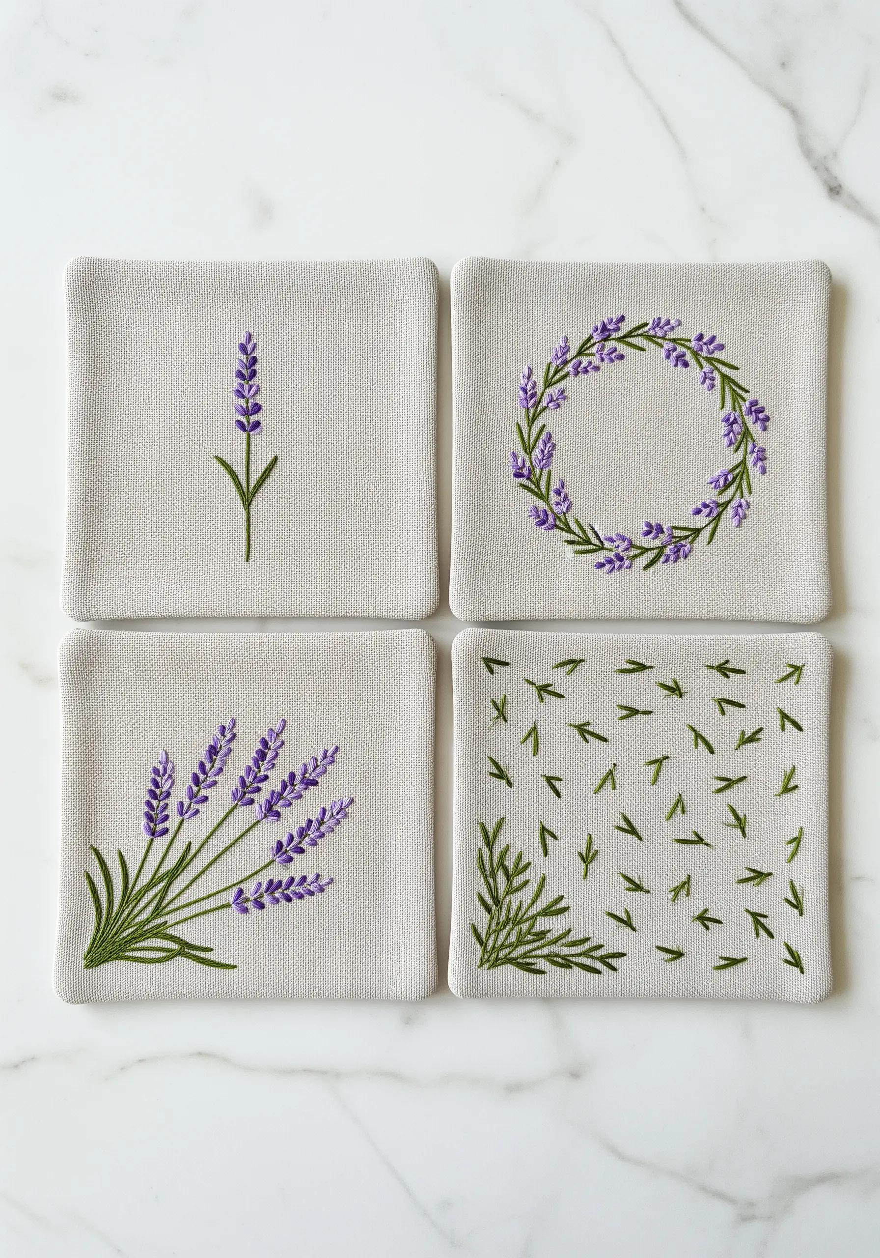 A set of four linen coasters, each with a different lavender-themed embroidery design.