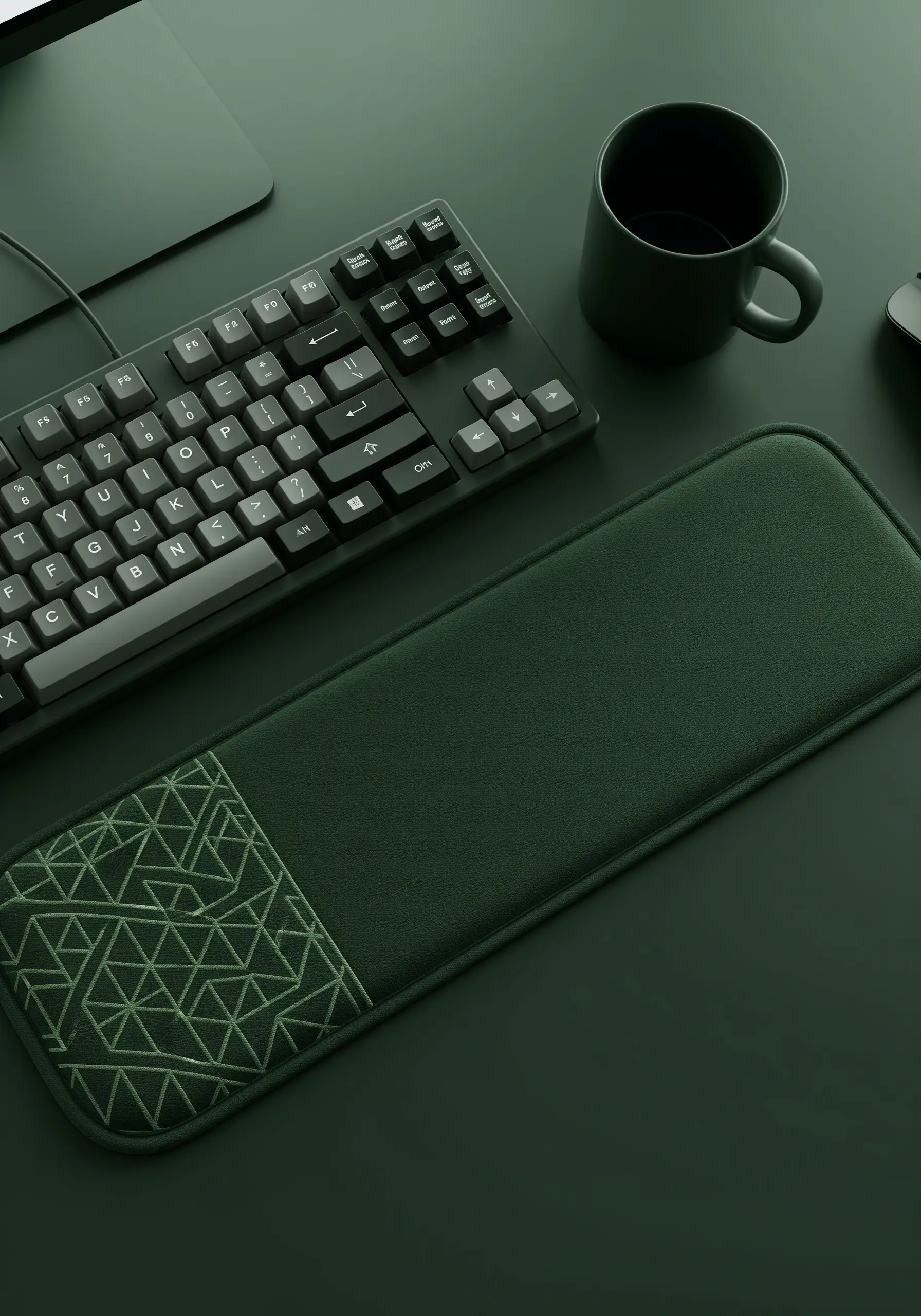A tone-on-tone geometric pattern embroidered on a dark green keyboard wrist rest