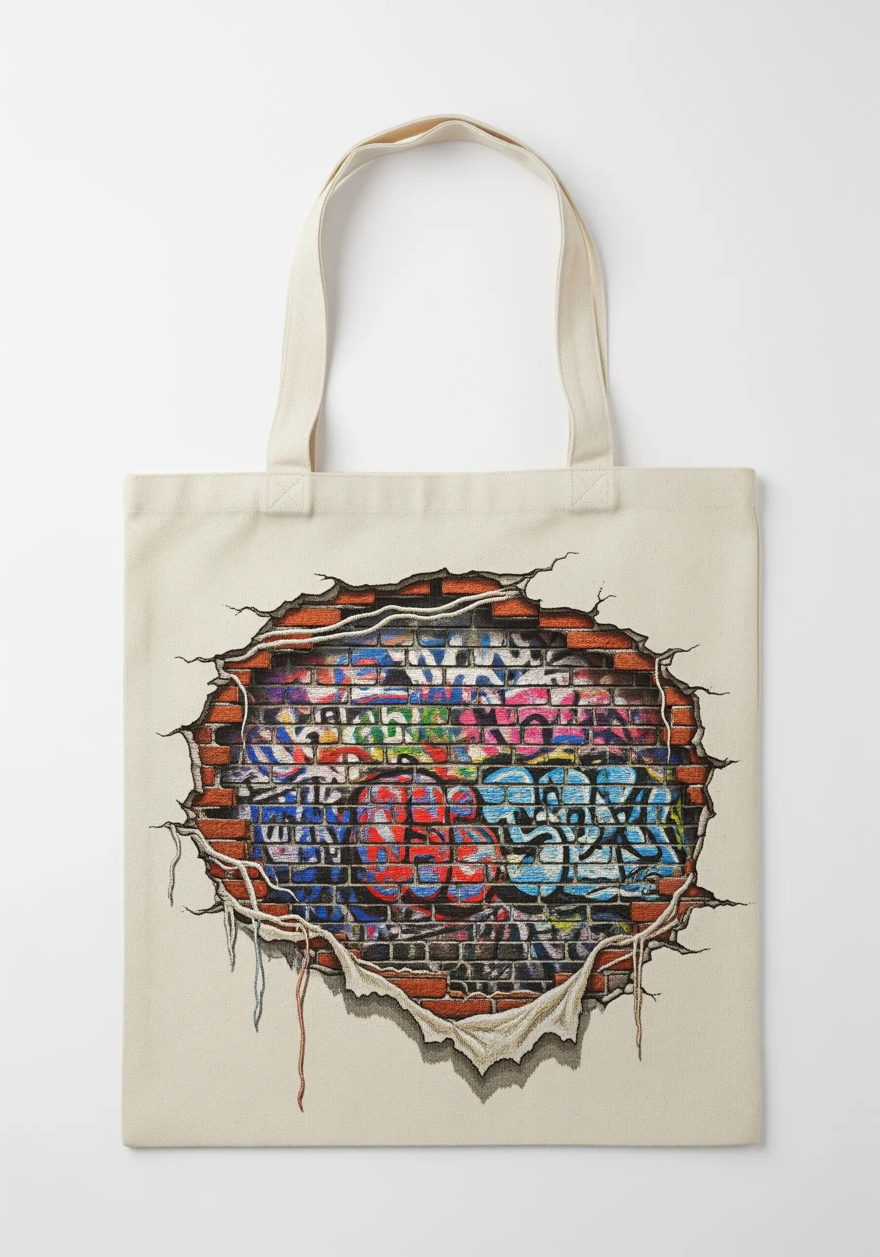 An embroidered illusion of a tote bag torn open to reveal a graffiti wall.